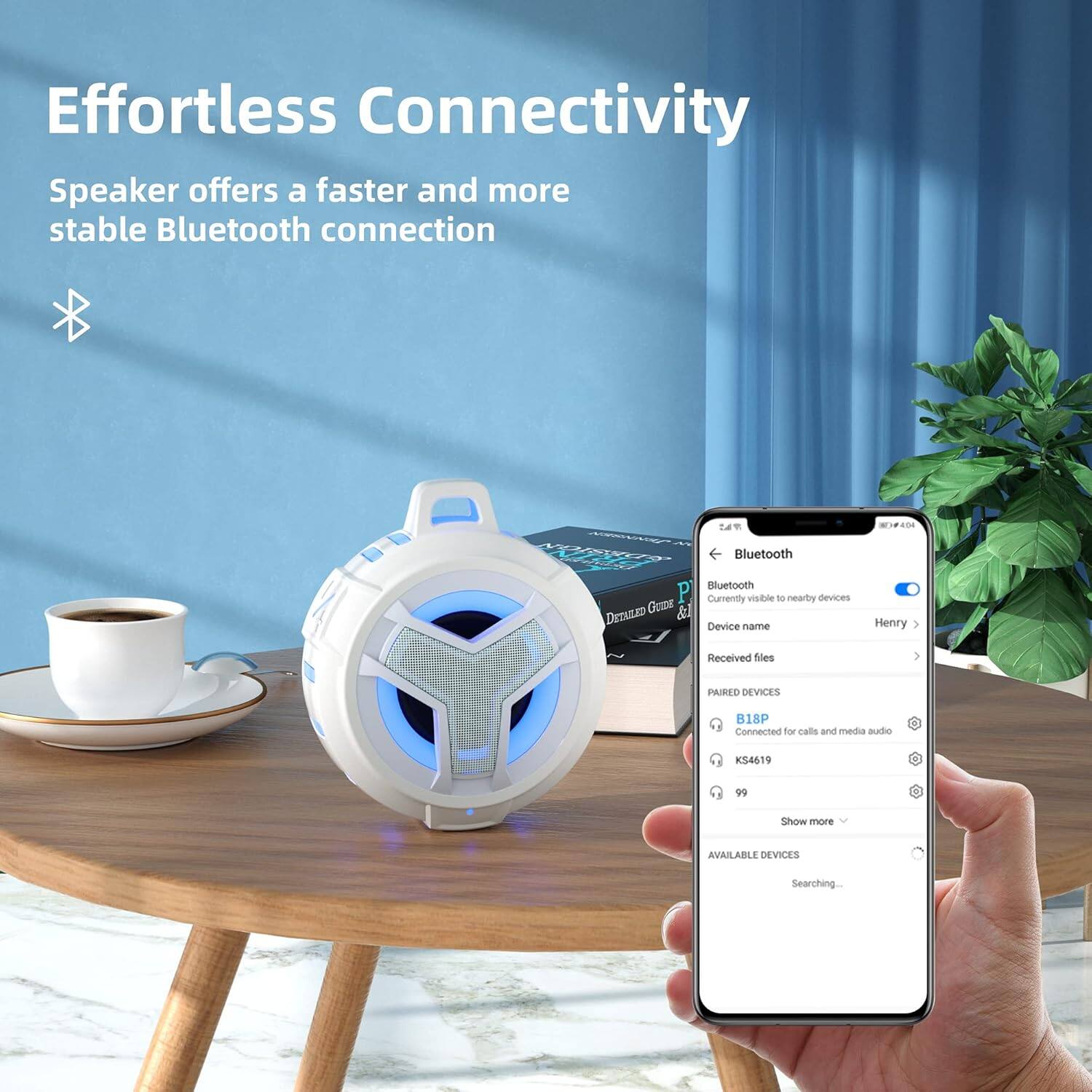 Effortless Connectivity  
Speaker offers a faster and more stable Bluetooth connection

Bluetooth  
Currently visible 10 nearby devices  
Device name: Henry  
Received files  

PAIRED DEVICES  
BISP - Connected for calls and media audio  
KS4619  

AVAILABLE DEVICES  
Searching...