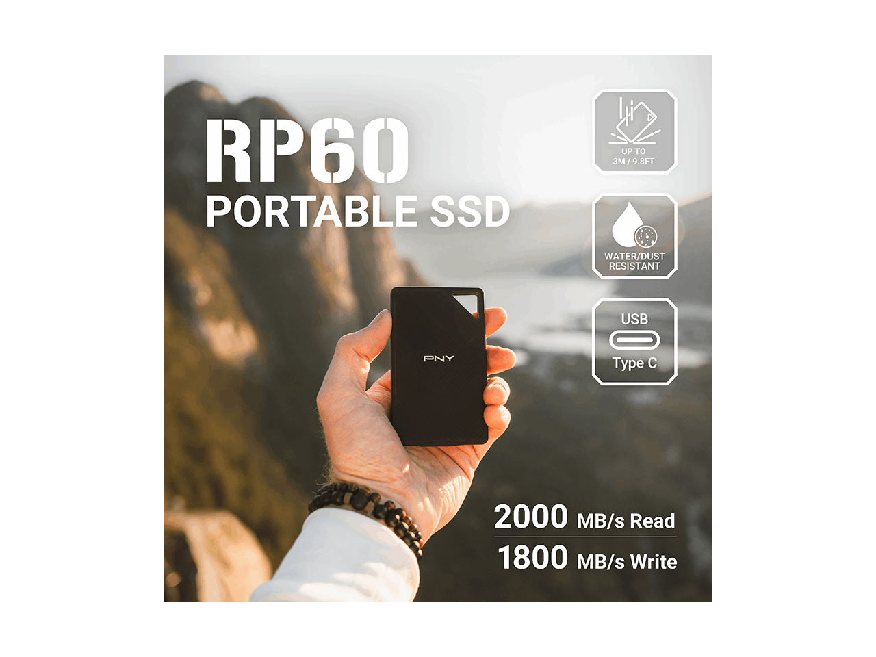 RP60 Portable SSD

- Up to 3M / 9.8FT
- Water/Dust Resistant
- USB Type C

2000 MB/s Read
1800 MB/s Write