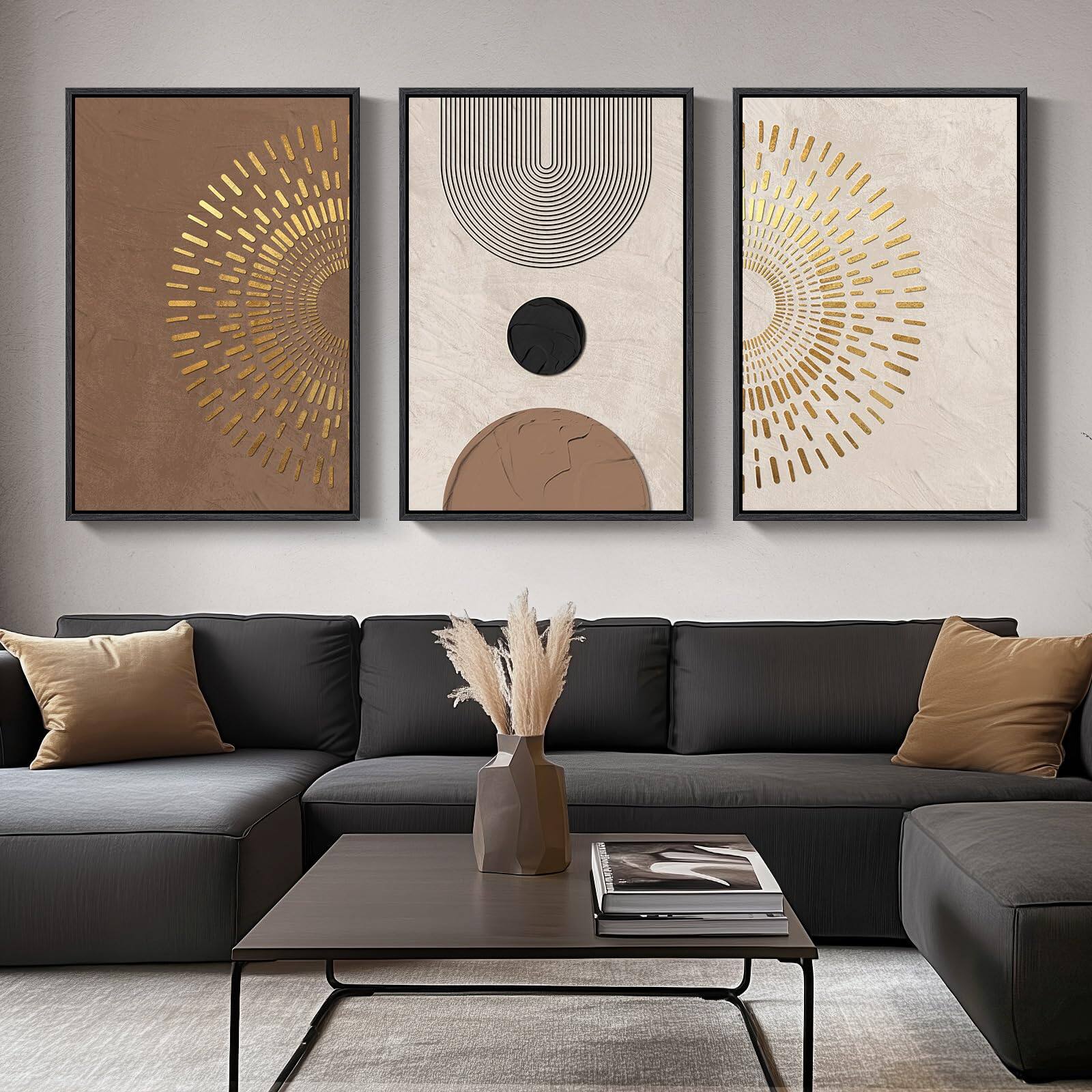 Front. Hanke - Framed Neutral Abstract Wall Art Modern Canvas Prints Paintings Artwork Walls Minimalist 24 x 36 inches - Radiant 24" W x 36" H x 3Pcs.