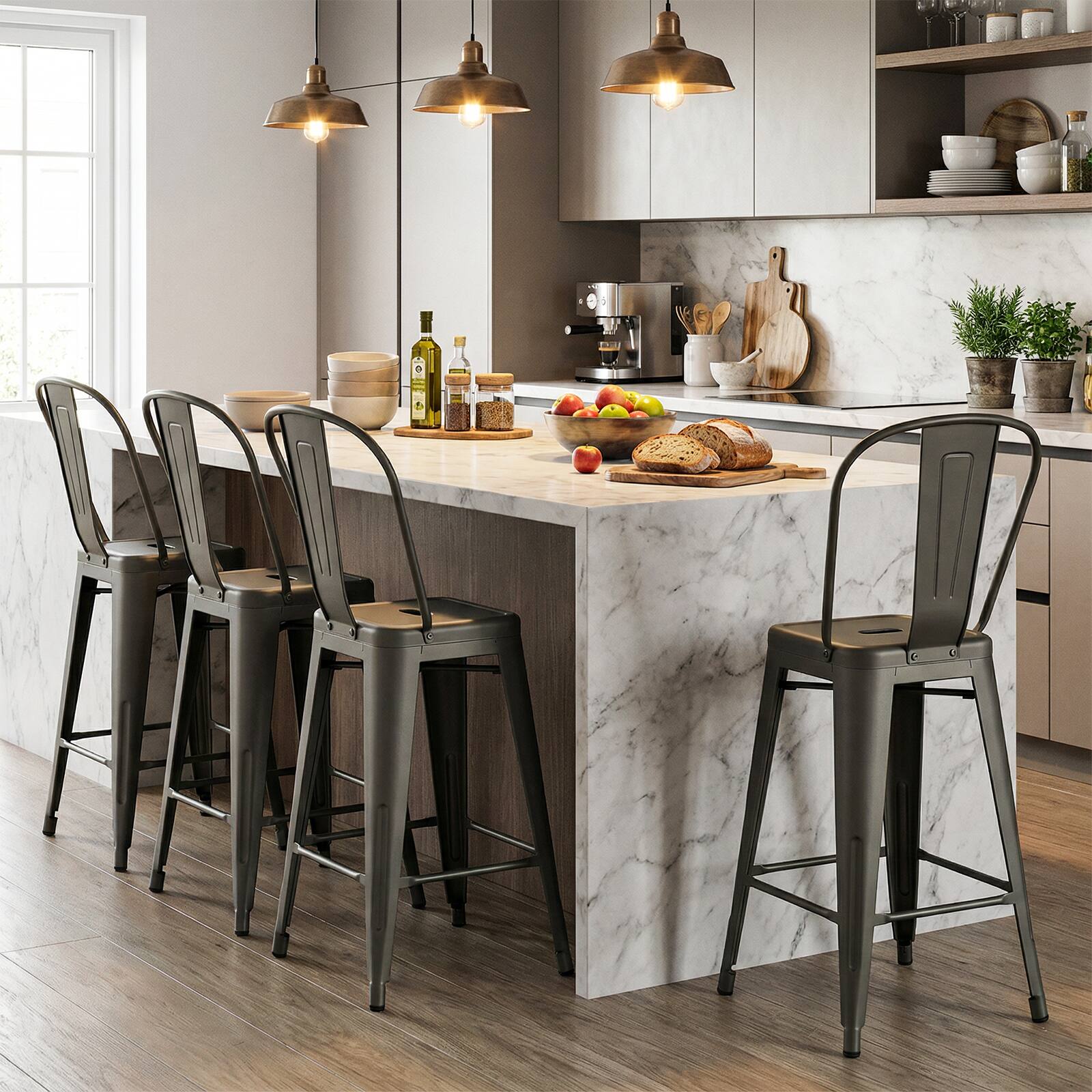 Alt View 3. Gymax - Gymax Metal Bar Stools Set of 4 24'' Counter Height Barstools w/ Backrests&Footrests Gun Metal - Brown.