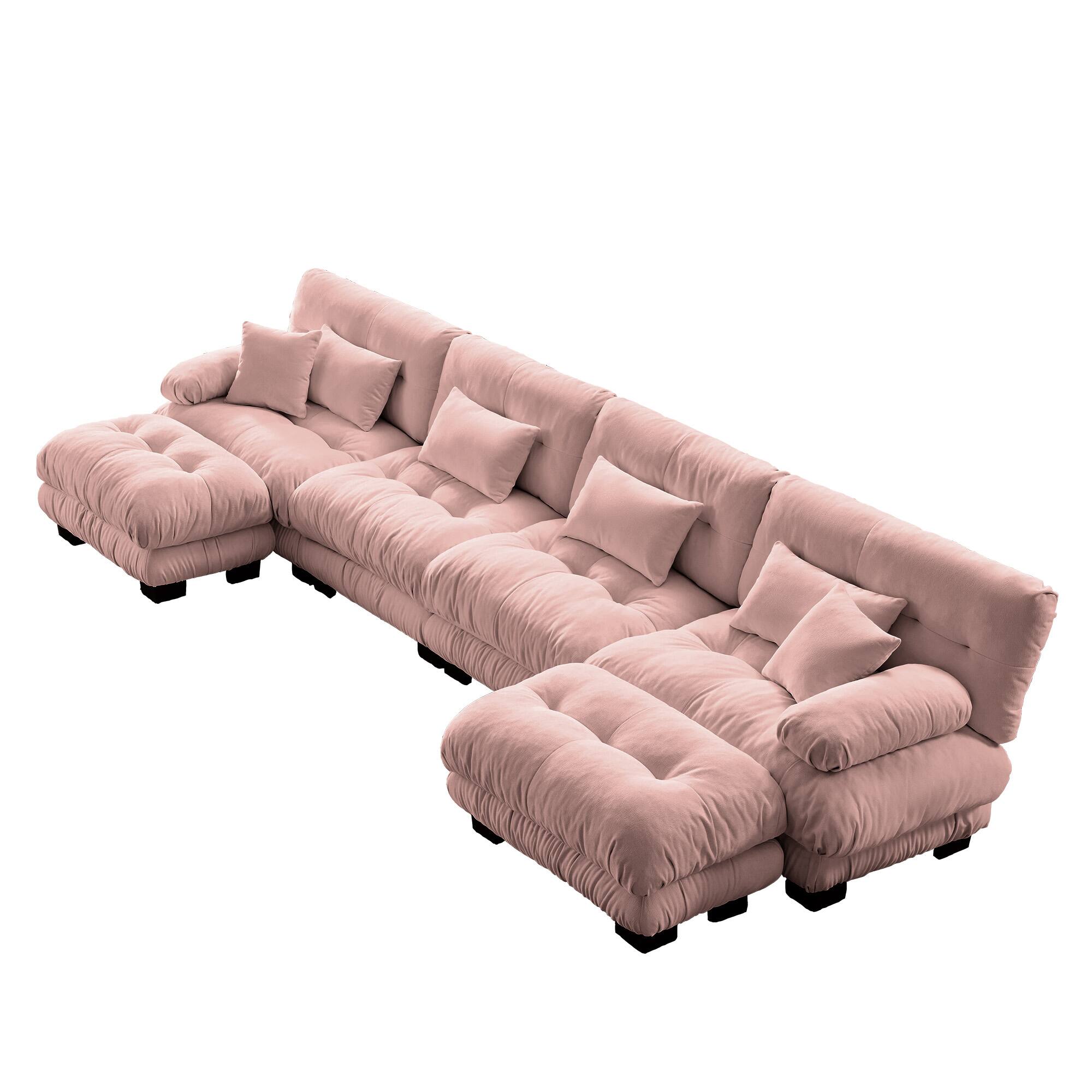 Back. DOMETOUR - Free Combination Modular Sectional Sofa,U Shaped Couch for Living Room, 4-Seater Comfy Cloud Couch with 2 Ottomans - Chenille Pink.