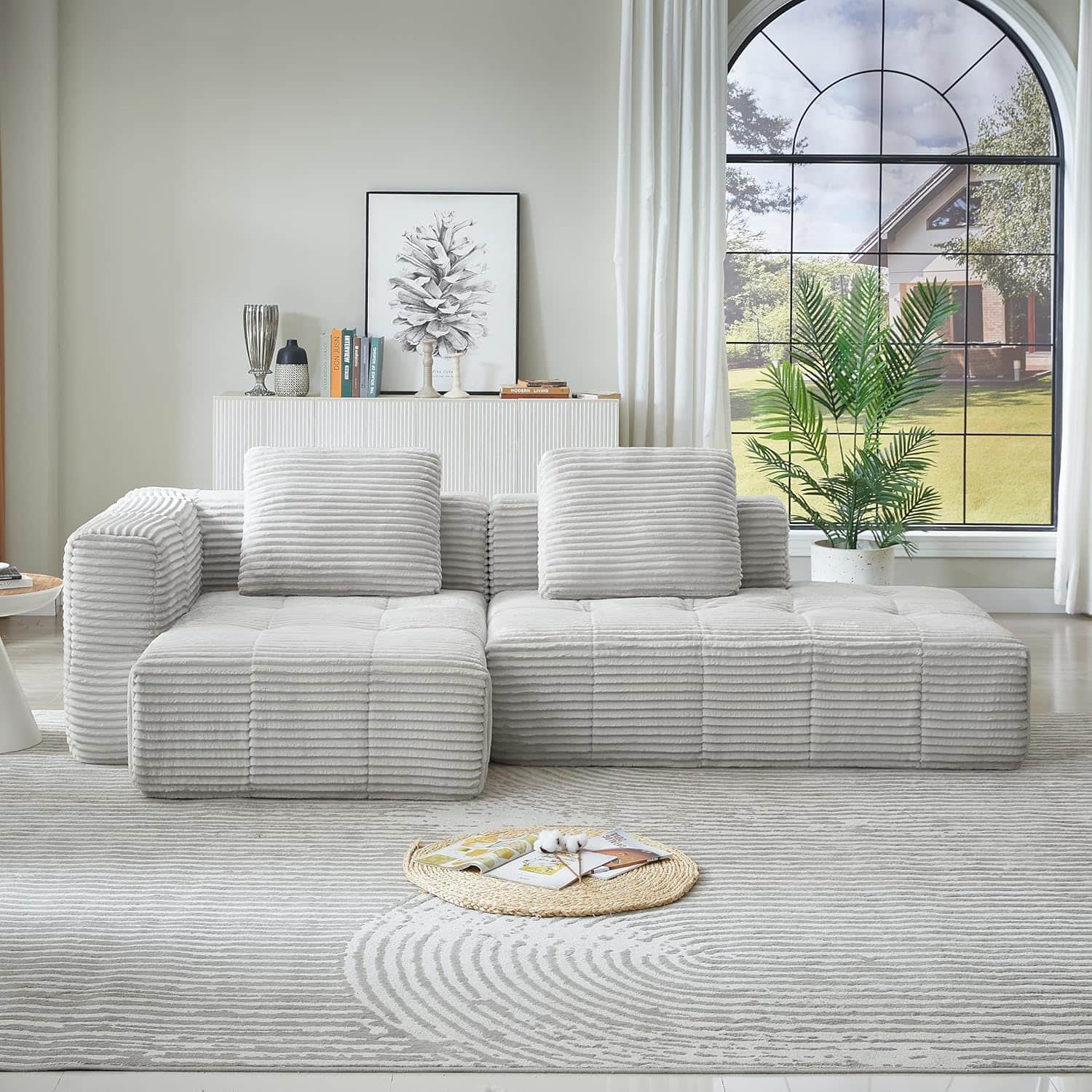 Trinkets Crazed - 108" Corduroy Fluffy Modular Sectional Loveseat SofaDeep Seat Cloud Sectional Couch with Spring Cushions - light gray