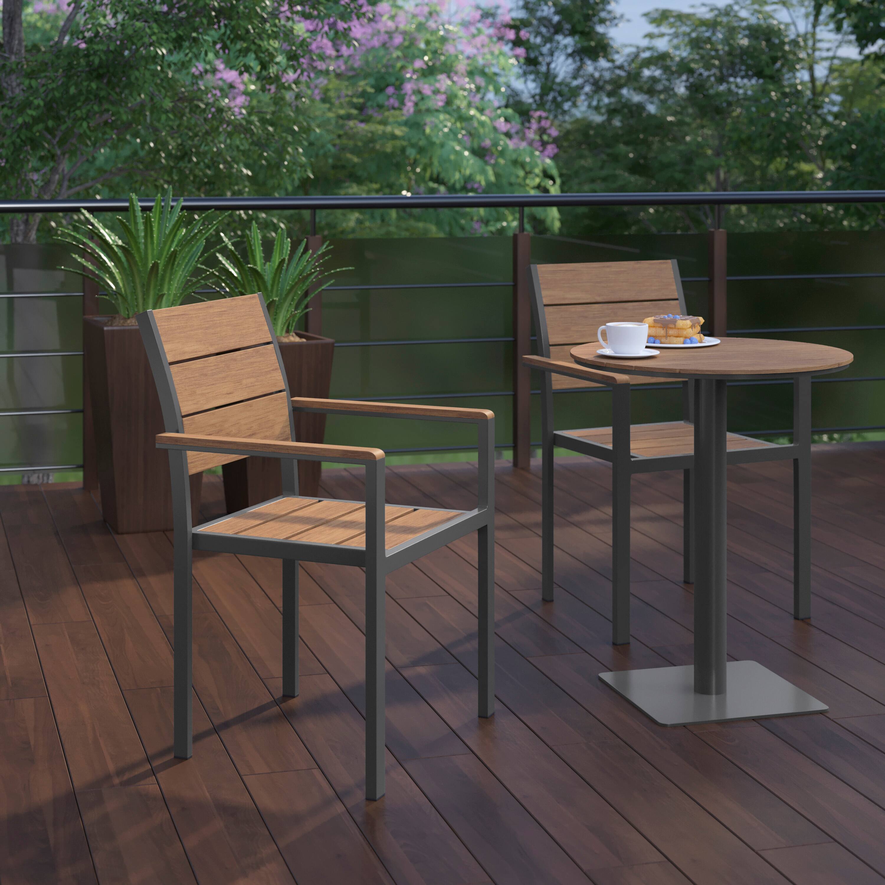 Alt View 3. Flash Furniture - Finch Commercial Grade Patio Chair with Arms, Stackable Side Chair with Faux Teak Poly Slats and Metal Frame, Natural/Gr - Natural.