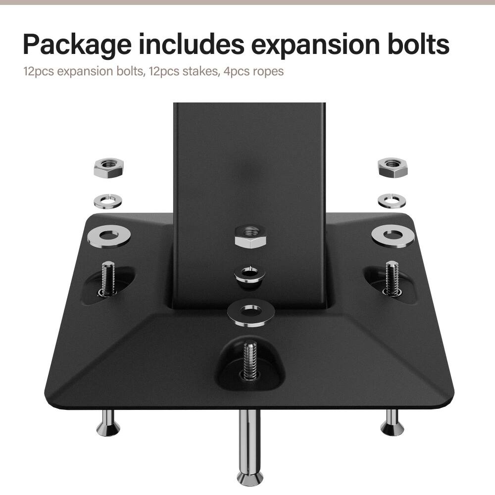 Package includes expansion bolts  
12pcs expansion bolts, 12pcs stakes, 4pcs ropes