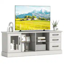Costway - TV Stand for 73 Inches TVs 63" Entertainment Center with Glass-door Cabinet 3 Drawers - Gray