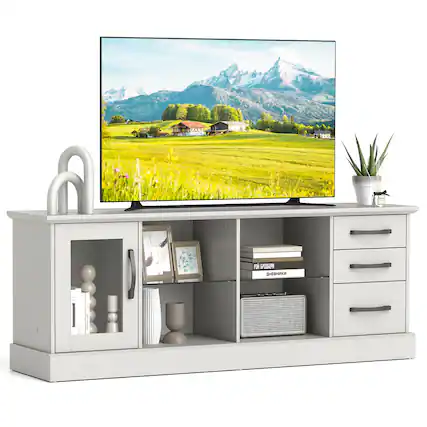 Front. Costway - Costway TV Stand for 73 Inches TVs 63" Entertainment Center with Glass-door Cabinet 3 Drawers - Gray.