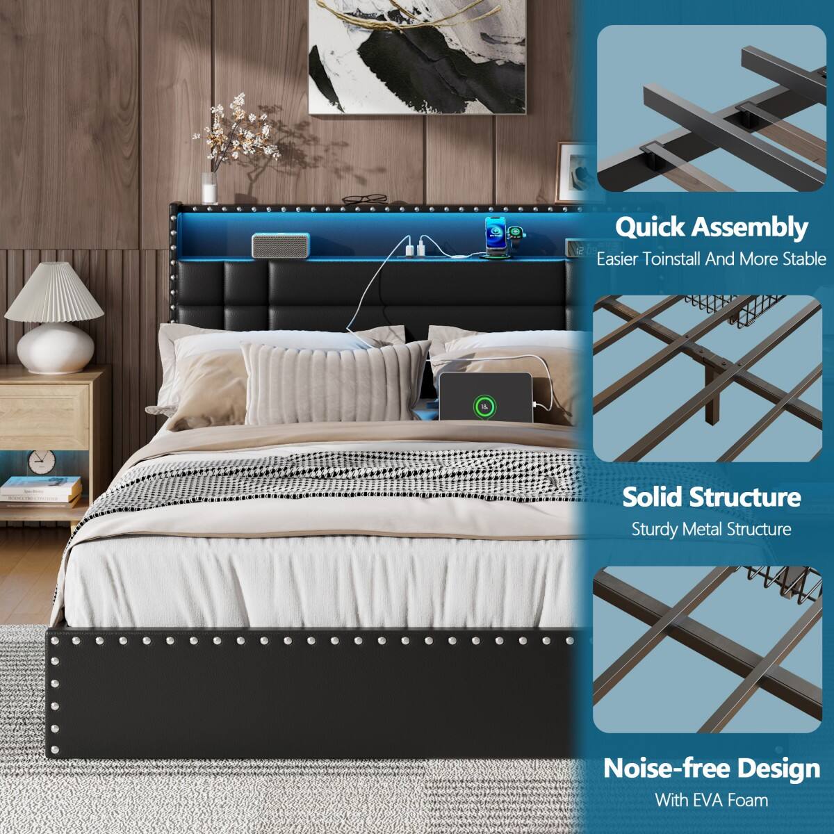 Quick Assembly  
Easier to Install And More Stable

Solid Structure  
Sturdy Metal Structure

Noise-free Design  
With EVA Foam