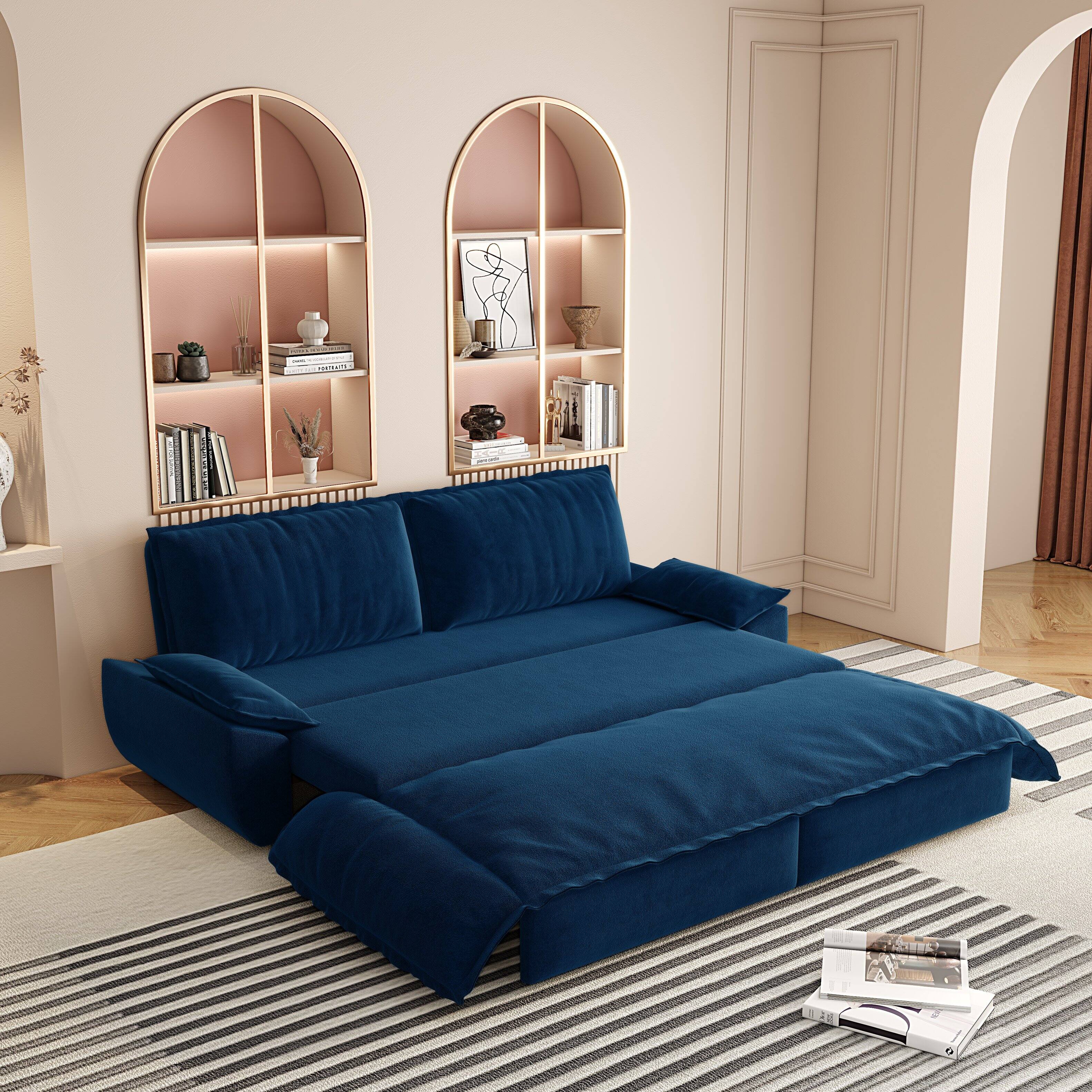 Angle. Anysun - 73.2" 3-in-1 Velvet Convertible Sleeper Sofa Bed - Queen Pull-Out Loveseat - Blue.