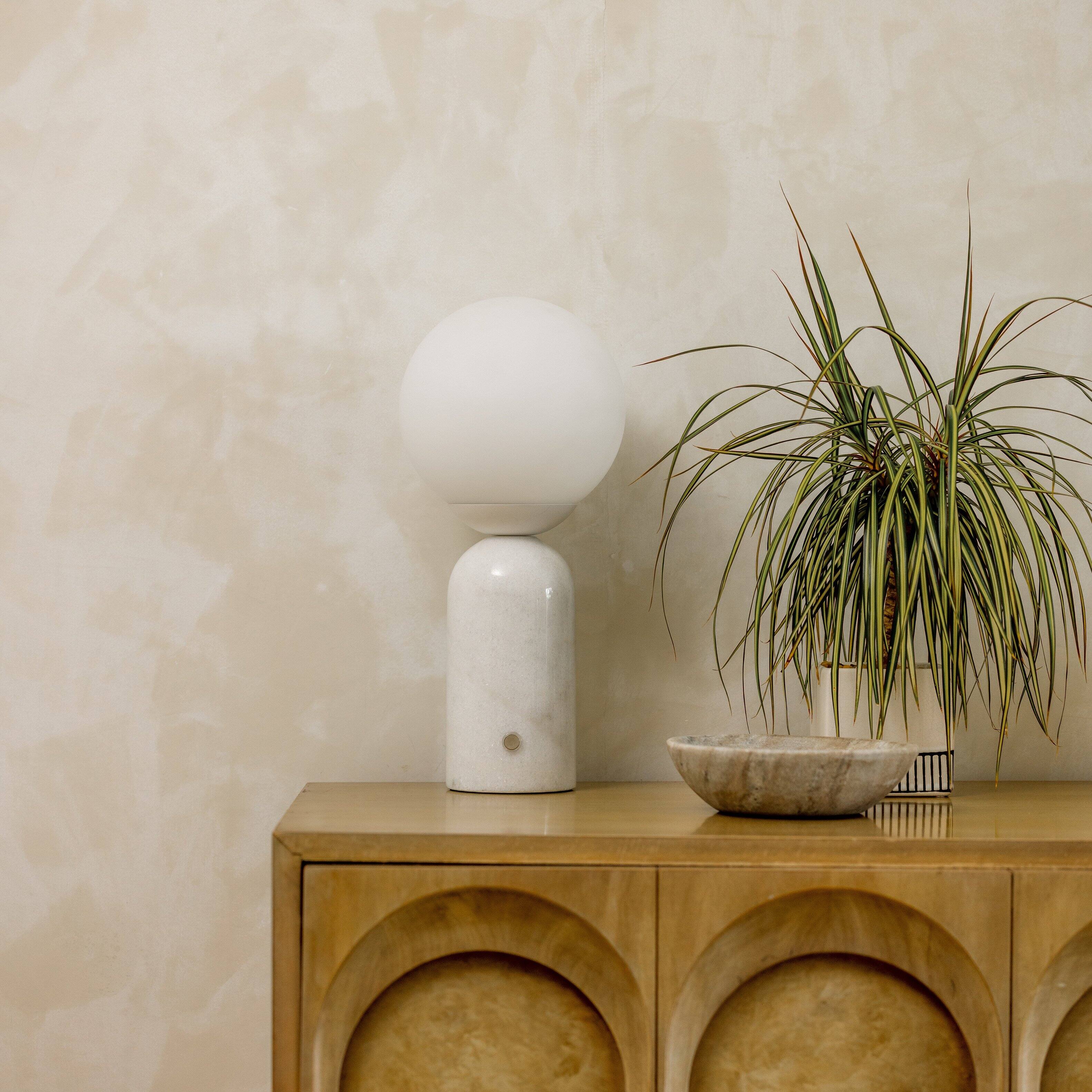 Back. Brightech - Mila Tall LED Modern Contemporary Round Globe Dimmable Bedside Nightstand Desk Lamp with Frosted White Glass Shade - Glossy White Marble.