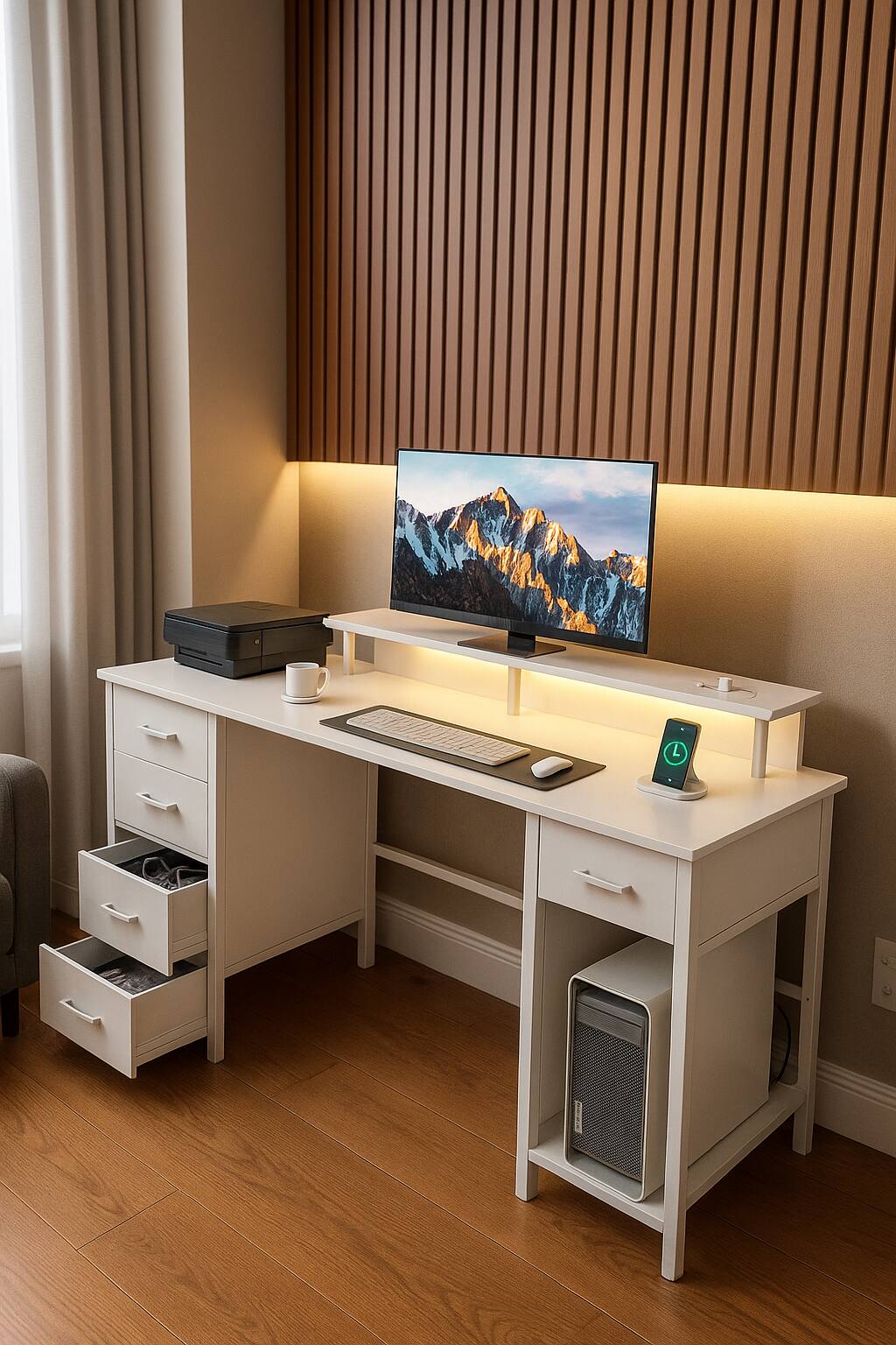 Front. Zell Electronics - 47" White Oak Gaming Desk with LED Lights, Power Outlets & 5 Reversible Fabric Drawers – Study or Home Office - White Oak.