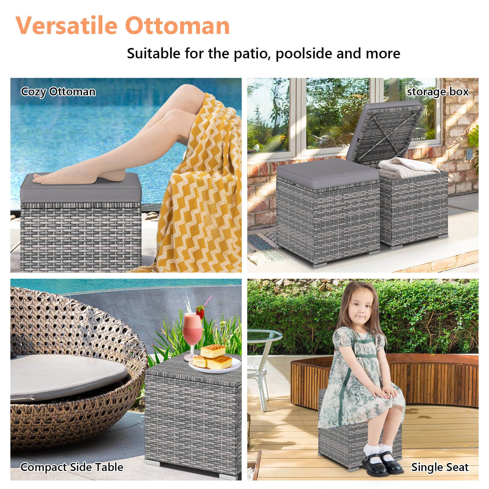 Versatile Ottoman  
Suitable for the patio, poolside and more  

Cozy Ottoman  
storage box  

Compact Side Table  

Single Seat