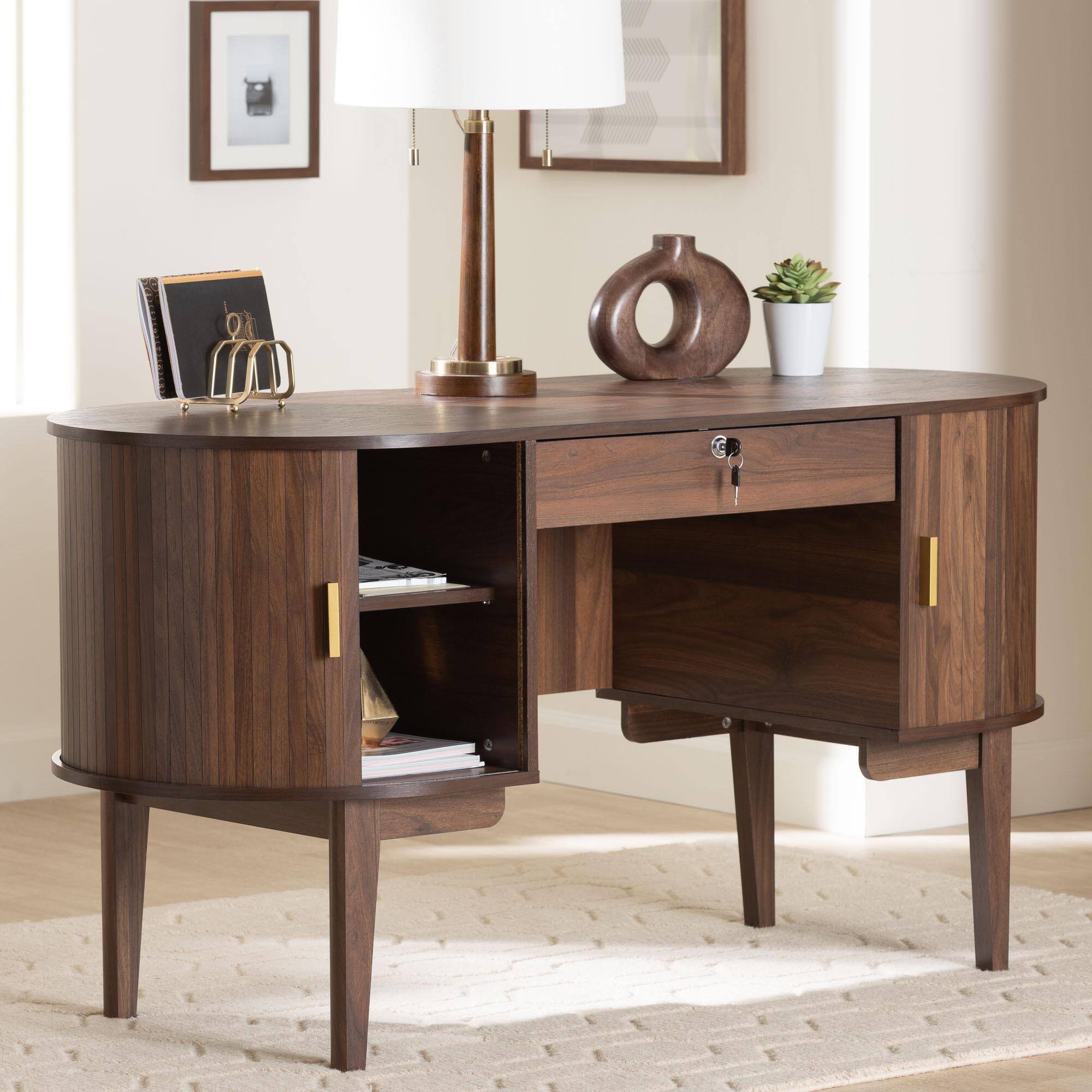 Alt View 7. Baxton Studio - Hayes Wood Writing Desk - Mid-Century Modern Oval Desk with Locking Drawer and Sliding Tambour Doors for Office or Home - Walnut Brown.