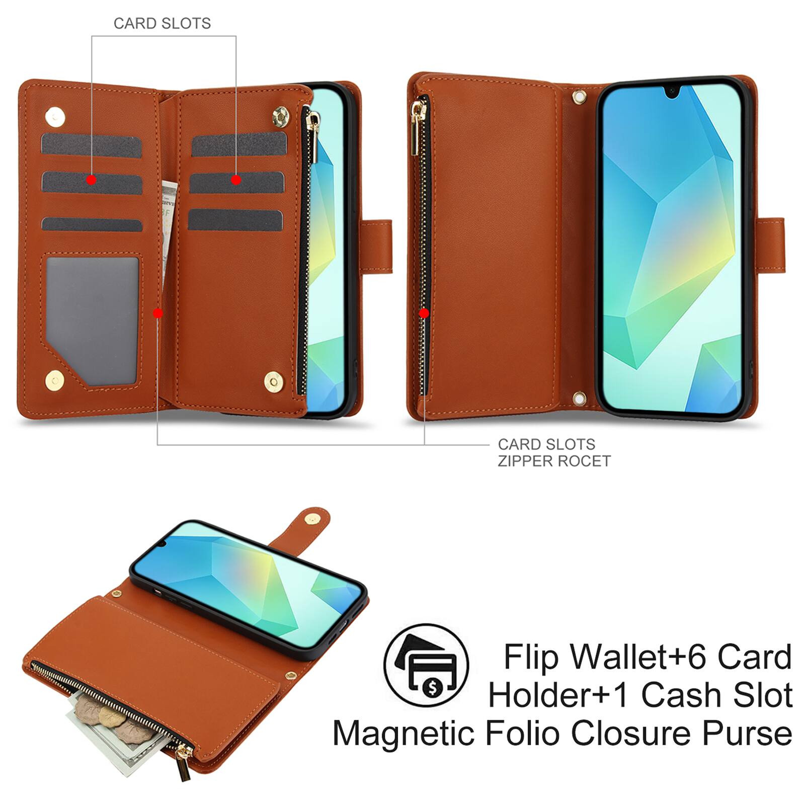 CARD SLOTS  
CARD SLOTS ZIPPER ROCET  
Flip Wallet+6 Card Holder+1 Cash Slot Magnetic Folio Closure Purse