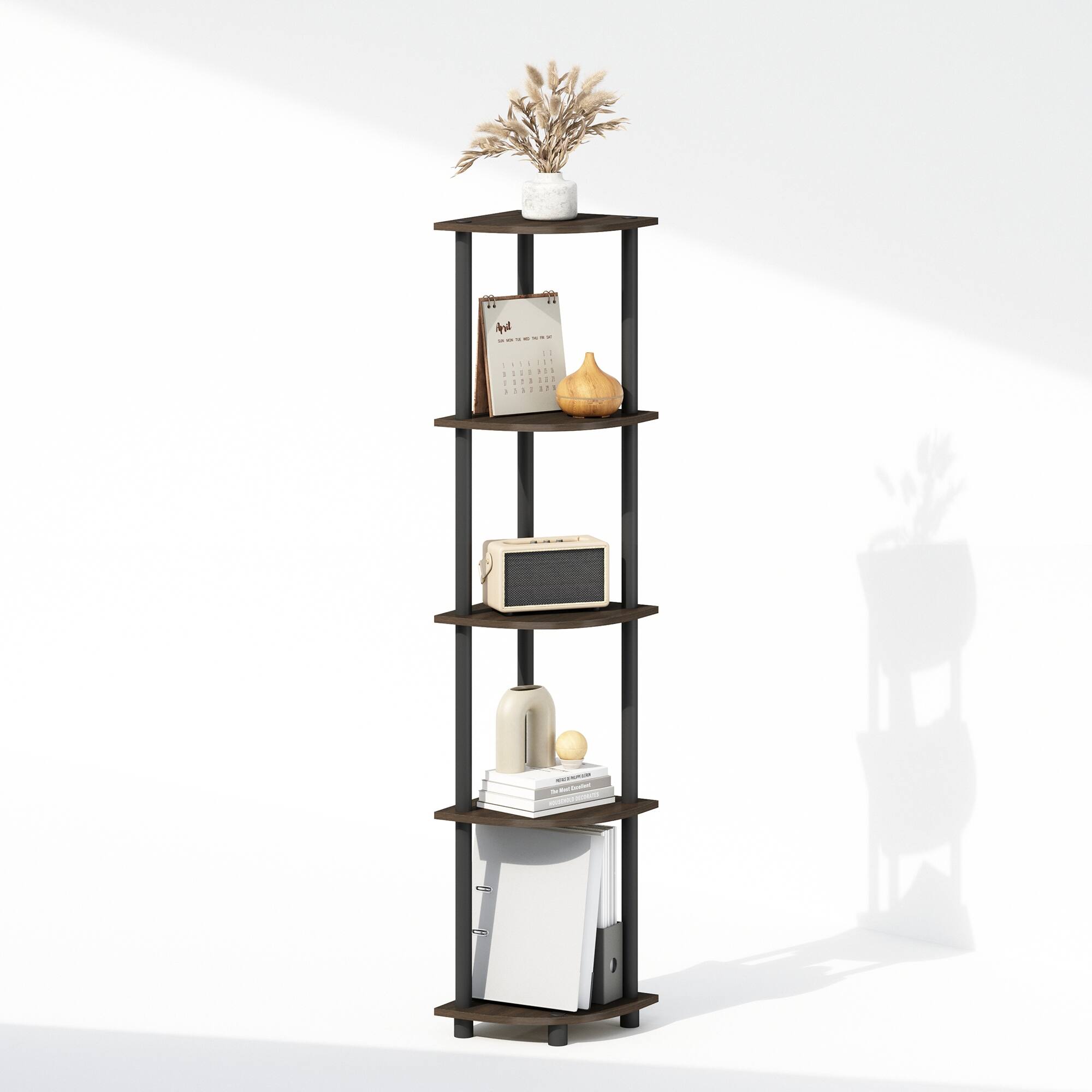 Alt View 3. Furinno - TURN-N-TUBE Corner Rack, 5-Tier Corner Display Shelf, Shelving Unit, for Living Room, Home Office, Garage, Bedroom - Brown Grain/Black.