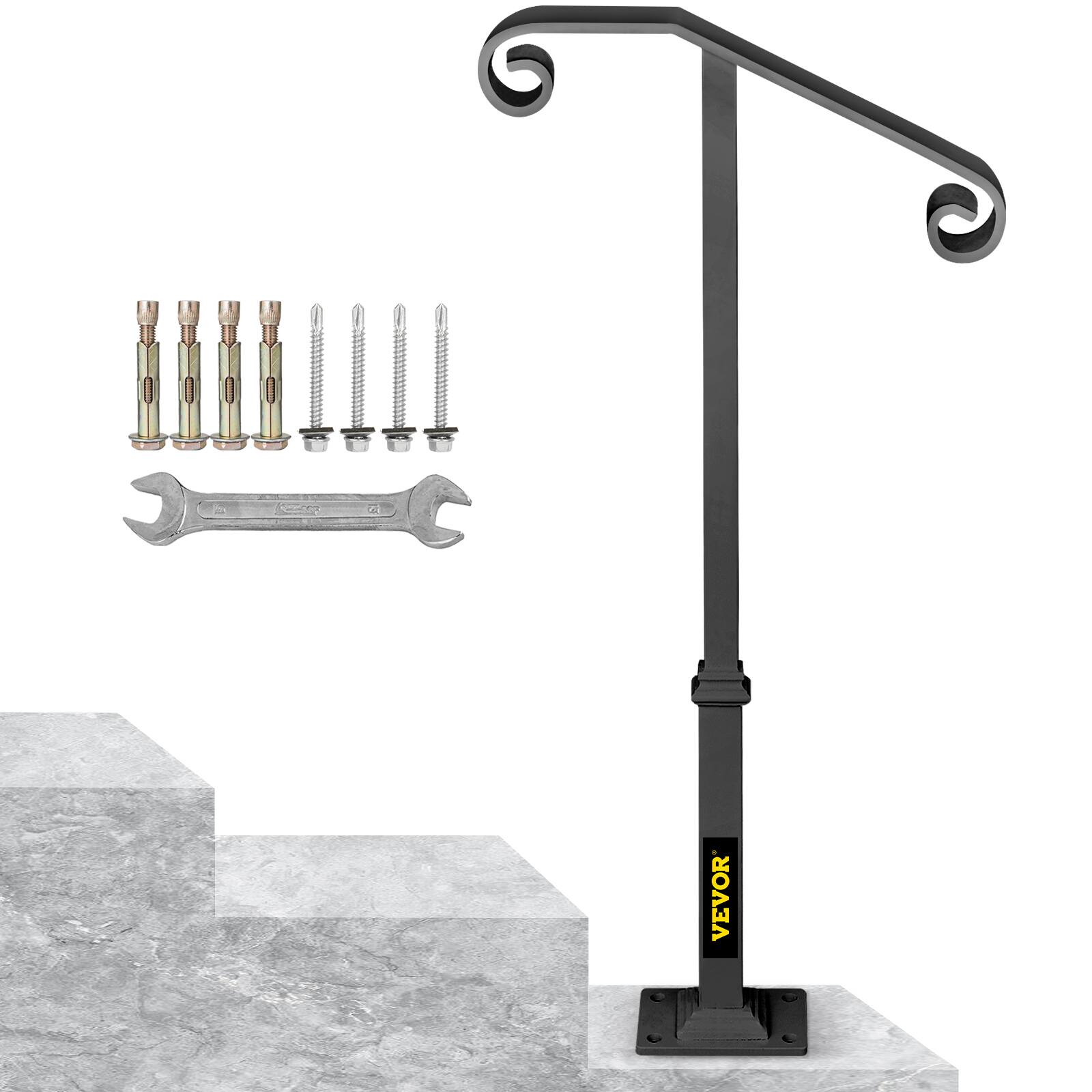 Front. VEVOR - Handrails for Outdoor Steps, Fit 1 or 2 Steps Outdoor Stair Railing, Single Post Wrought Iron Handrail - Grey.