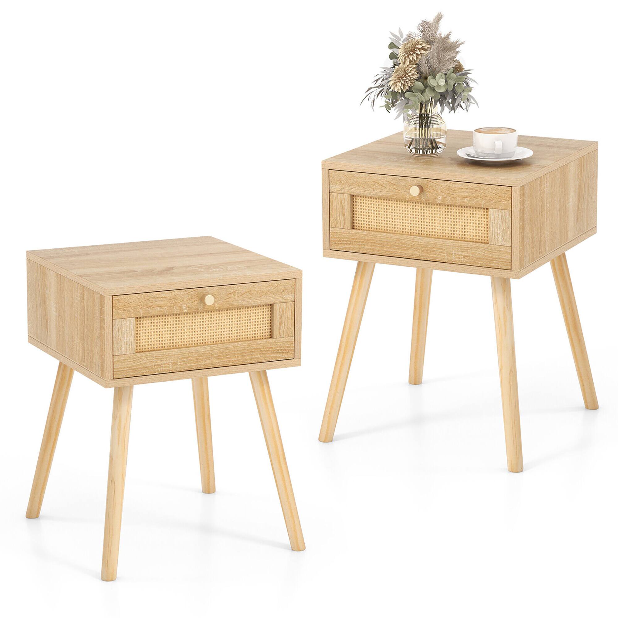 Alt View 9. Gymax - Gymax 2 PCS Nightstand Bedside Sofa Table with Rattan Drawer for Bedroom & Living Room - Natural.
