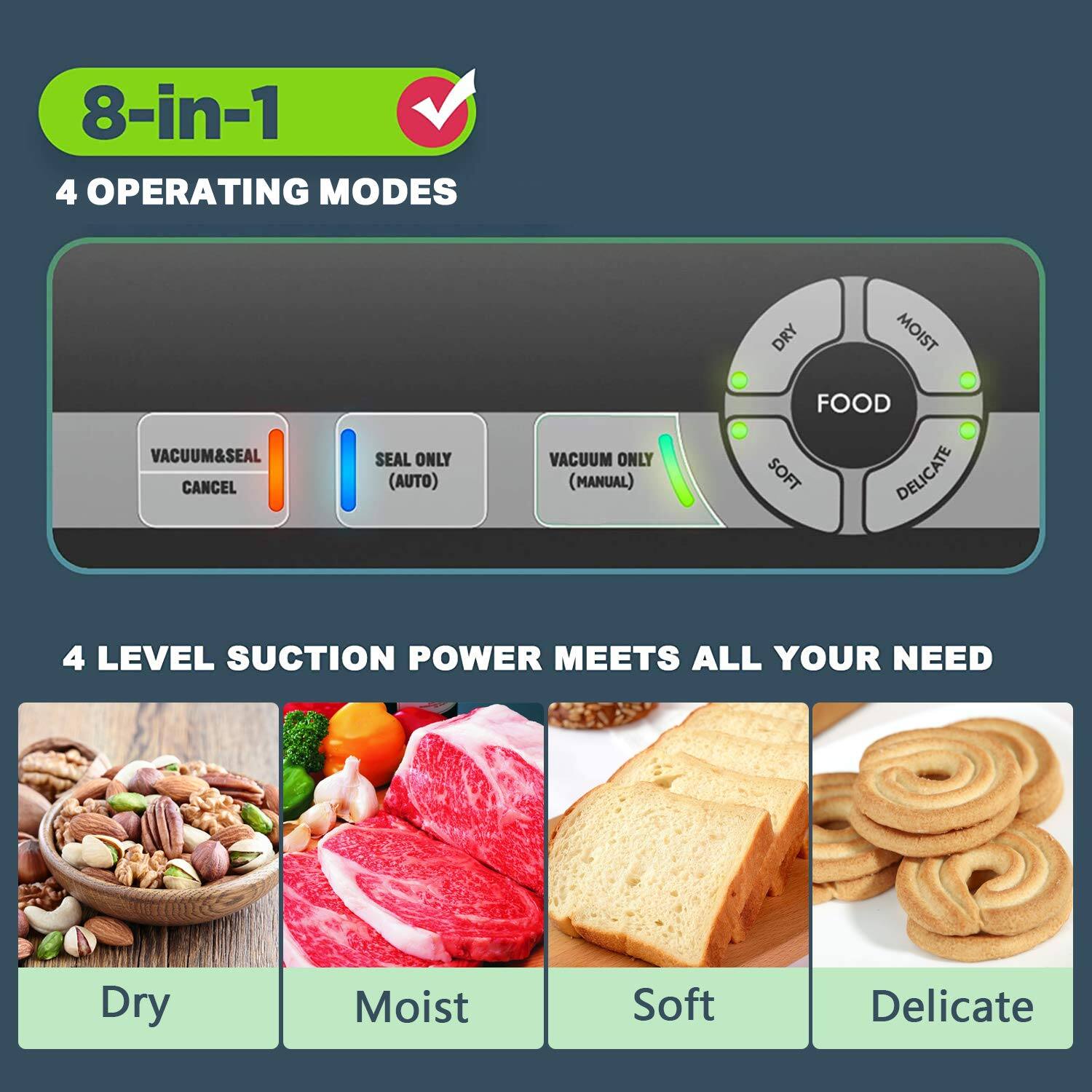 8-in-1  
4 OPERATING MODES  
- VACUUM&SEAL  
- SEAL ONLY (AUTO)  
- VACUUM ONLY (MANUAL)  
- CANCEL  

4 LEVEL SUCTION POWER MEETS ALL YOUR NEED  
- DRY  
- MOIST  
- SOFT  
- DELICATE