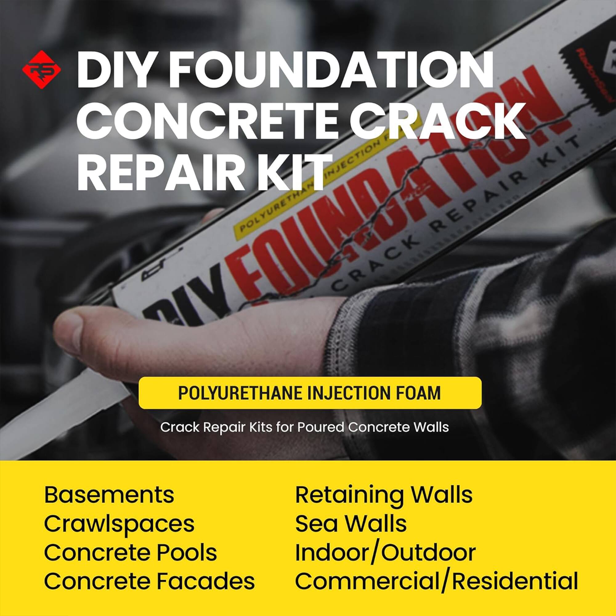 DIY FOUNDATION CONCRETE CRACK REPAIR KIT

RadonSeal CONCRETE CRACK INJECTION KIT

POLYURETHANE INJECTION FOAM

Crack Repair Kits for Poured Concrete Walls

Basements
Crawlspaces
Concrete Pools
Concrete Facades

Retaining Walls
Sea Walls
Indoor/Outdoor
Commercial/Residential