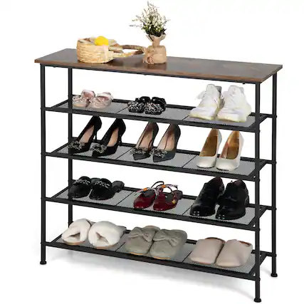Front. Ecooso - 5-Tier Shoe Storage Shelves Industrial Adjustable Metal Organizer for 16–20 Pairs - Brown & Black.