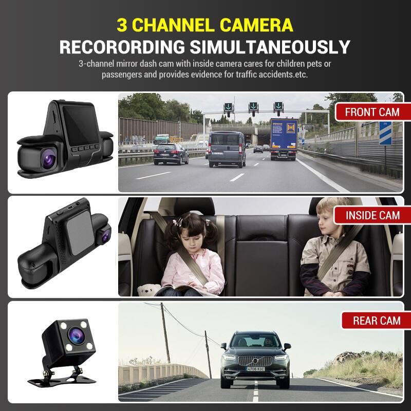 3 CHANNEL CAMERA RECORDING SIMULTANEOUSLY

3-channel mirror dash cam with inside camera cares for children, pets, or passengers and provides evidence for traffic accidents, etc.

FRONT CAM

INSIDE CAM

REAR CAM