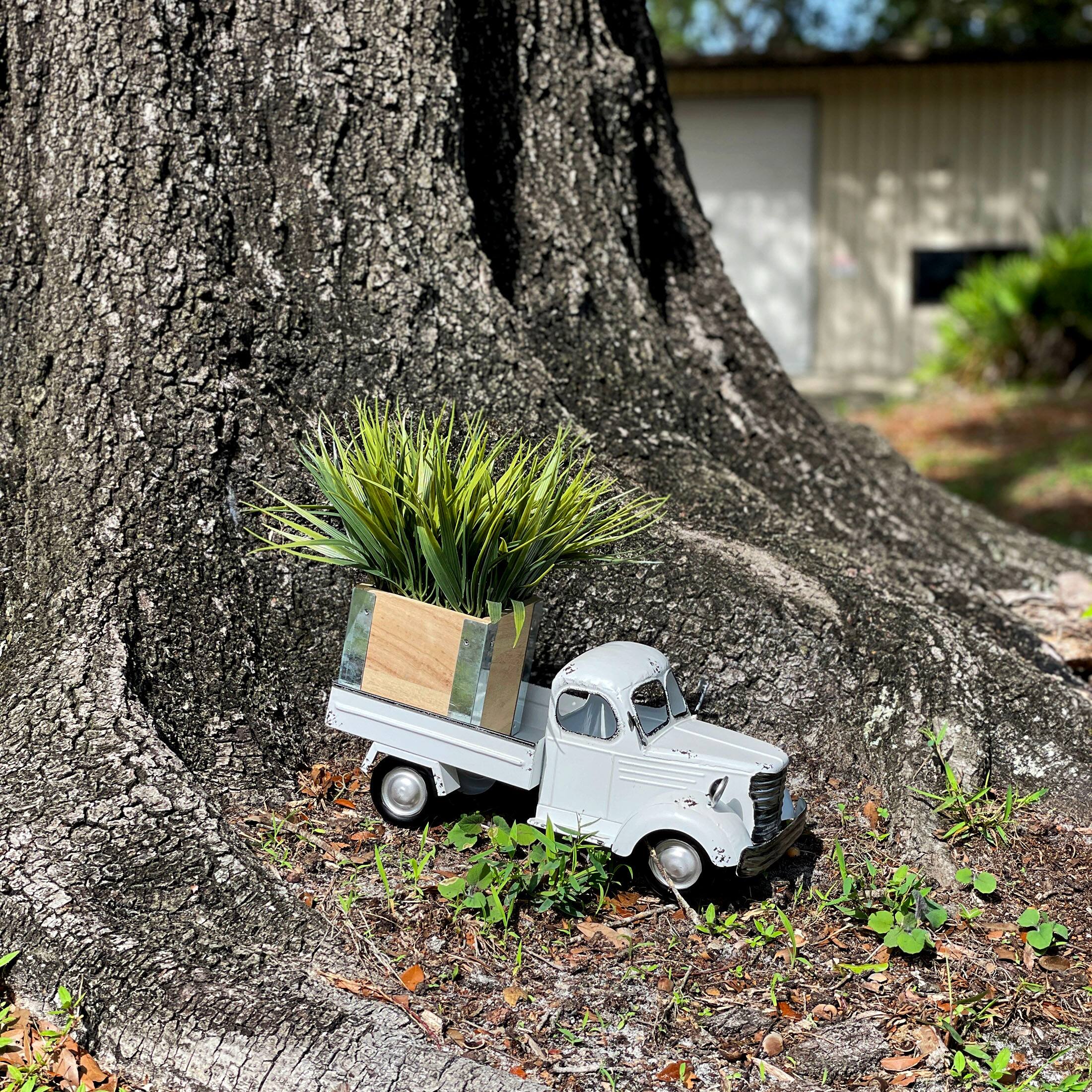 Alt View 4. Zeckos - 14" Weathered White Metal Truck Planter – Vintage Farmhouse Decor, No Drain Hole - White.