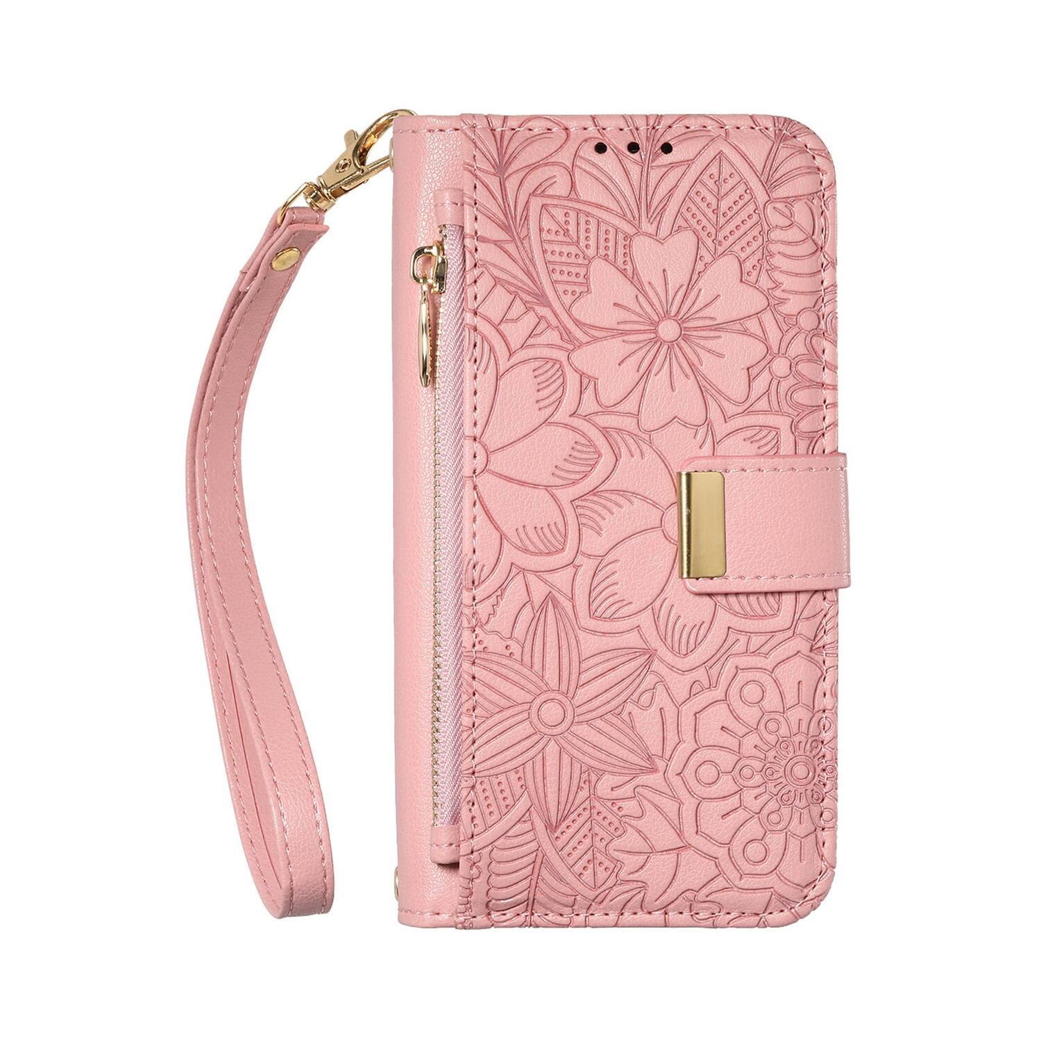 Alt View 8. Dteck - Floral Embossed Leather Zipper Cash Slot Wallet Case for Apple iPhone 16 with Detachable Strap - Rosegold.