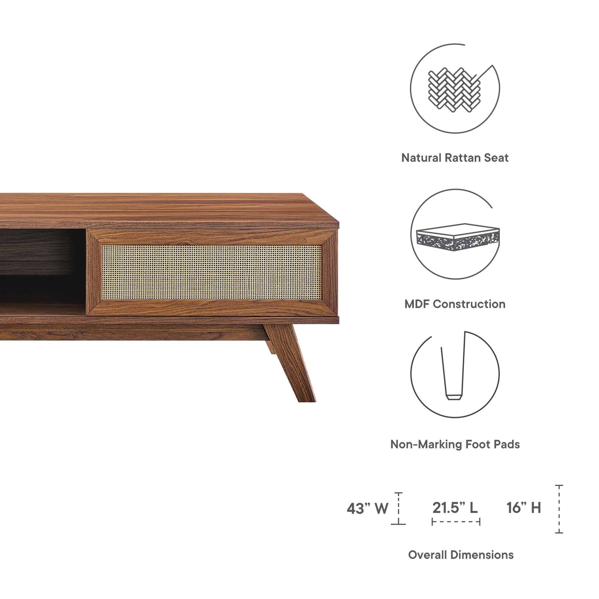 Natural Rattan Seat  
MDF Construction  
Non-Marking Foot Pads  

Overall Dimensions:  
43" W x 21.5" L x 16" H
