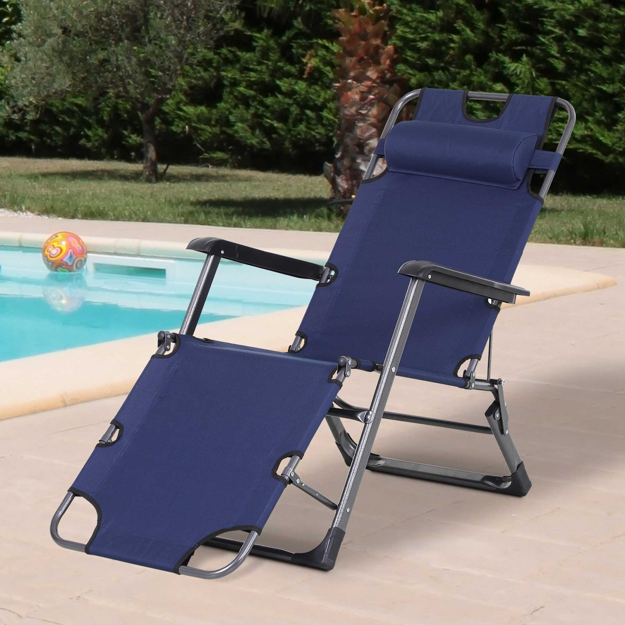 Alt View 1. Outsunny - Folding Chaise Lounge Chair for Outside, 2-in-1 Tanning Chair with Pillow & Pocket, Adjustable Pool Chair for Beach - Navy.