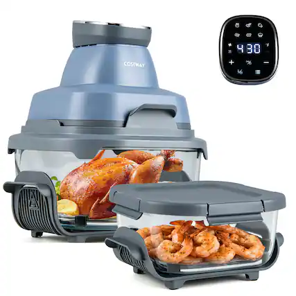 Front. Costway - Costway 6-in-1 Portable Glass Air Fryer, 4.4QT & 1.8QT Dual Glass Containers with Lids - Blue.