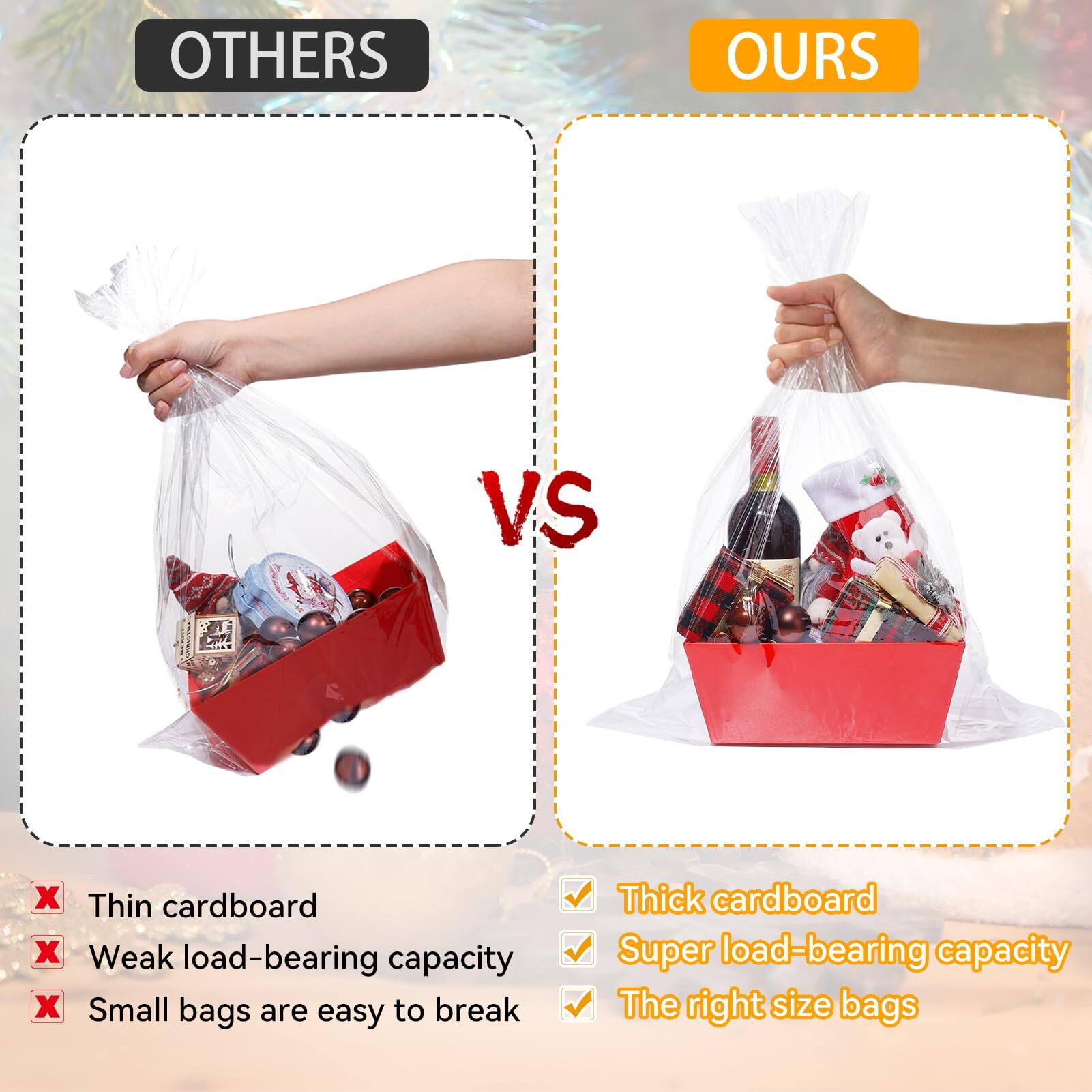 **OTHERS**  
- Thin cardboard  
- Weak load-bearing capacity  
- Small bags are easy to break  

**VS**  

**OURS**  
- Thick cardboard  
- Super load-bearing capacity  
- The right size bags