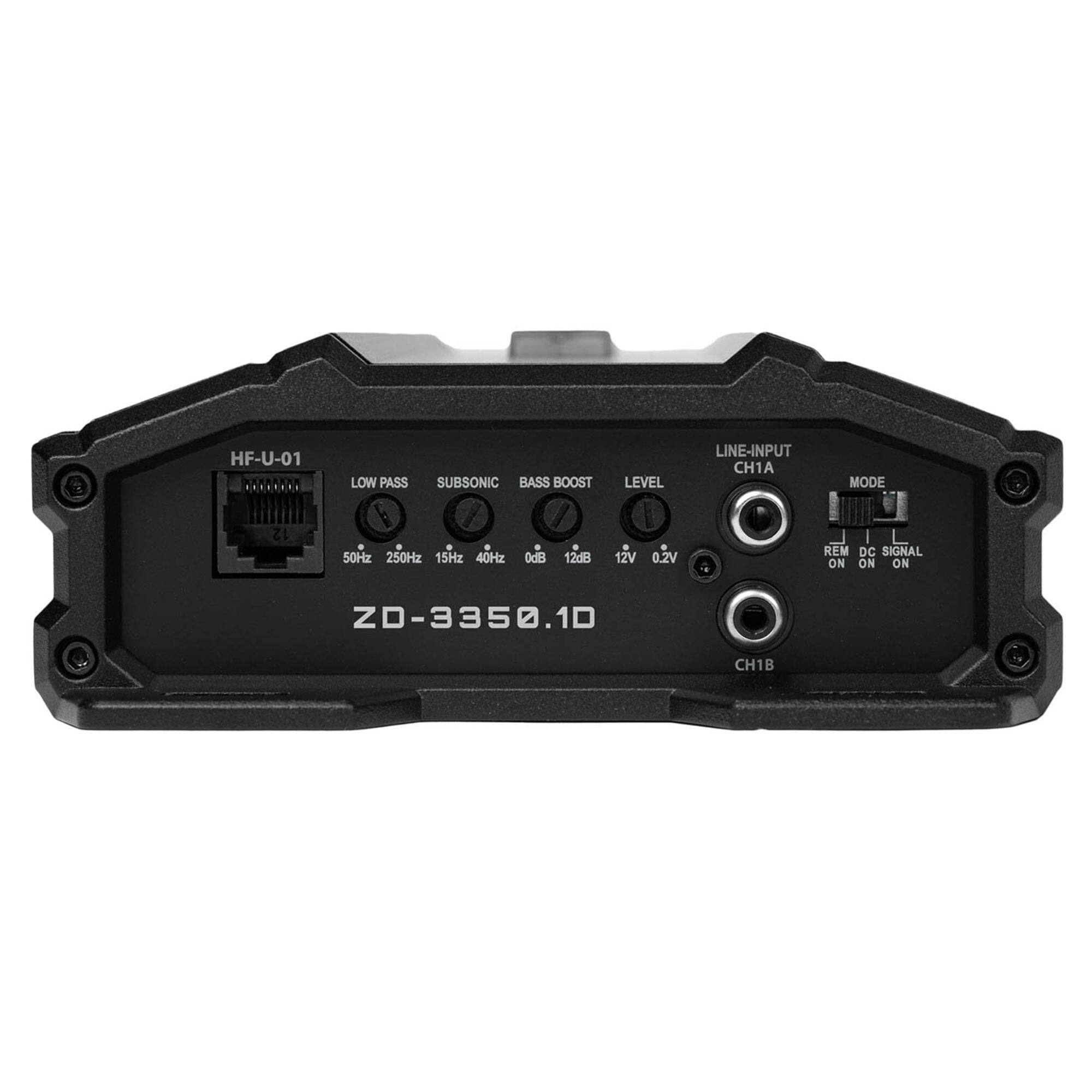 HF-U-01  
ZD-3350.1D  

LINE-INPUT CH1A  
MODE  

LOW PASS  
50Hz 250Hz 15Hz 40Hz  

SUBSONIC  
0dB 12dB  

BASS BOOST  

LEVEL  

12dB 12V 0.2V  

REM DC SIGNAL  
ON ON ON  

CH1B
