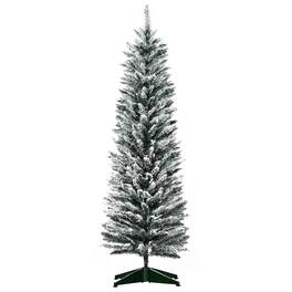 Homcom - 5' Snow Flocked Artificial Pencil Christmas Tree, Slim Xmas Tree with Realistic Branches and Plastic Base Stand - Green
