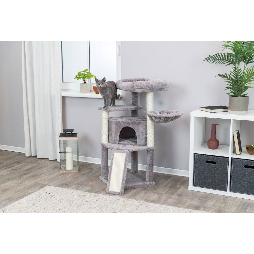 Angle. TRIXIE - Adriana Plush & Sisal 3-Level 41.7" Cat Tree with Scratching Posts & Condo, Gray - Gray.