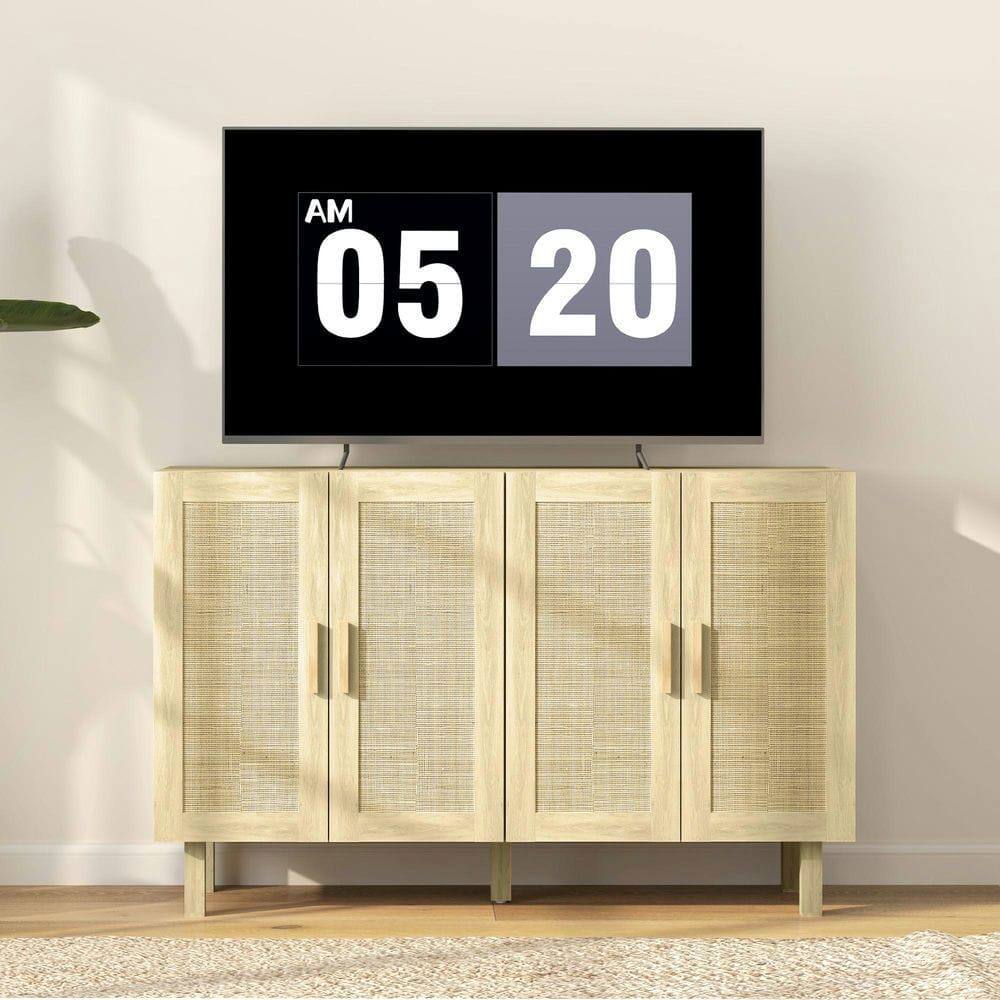 Angle. Kadyn - Natural Boho Buffet with 4 Textured Rattan Doors and Adjustable Shelves - Brown.