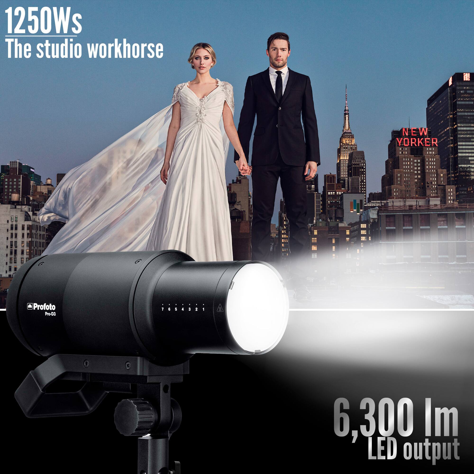 1250Ws  
The studio workhorse  

NEW YORKER  

Profoto Pro-03  

6,300 Im  
LED output