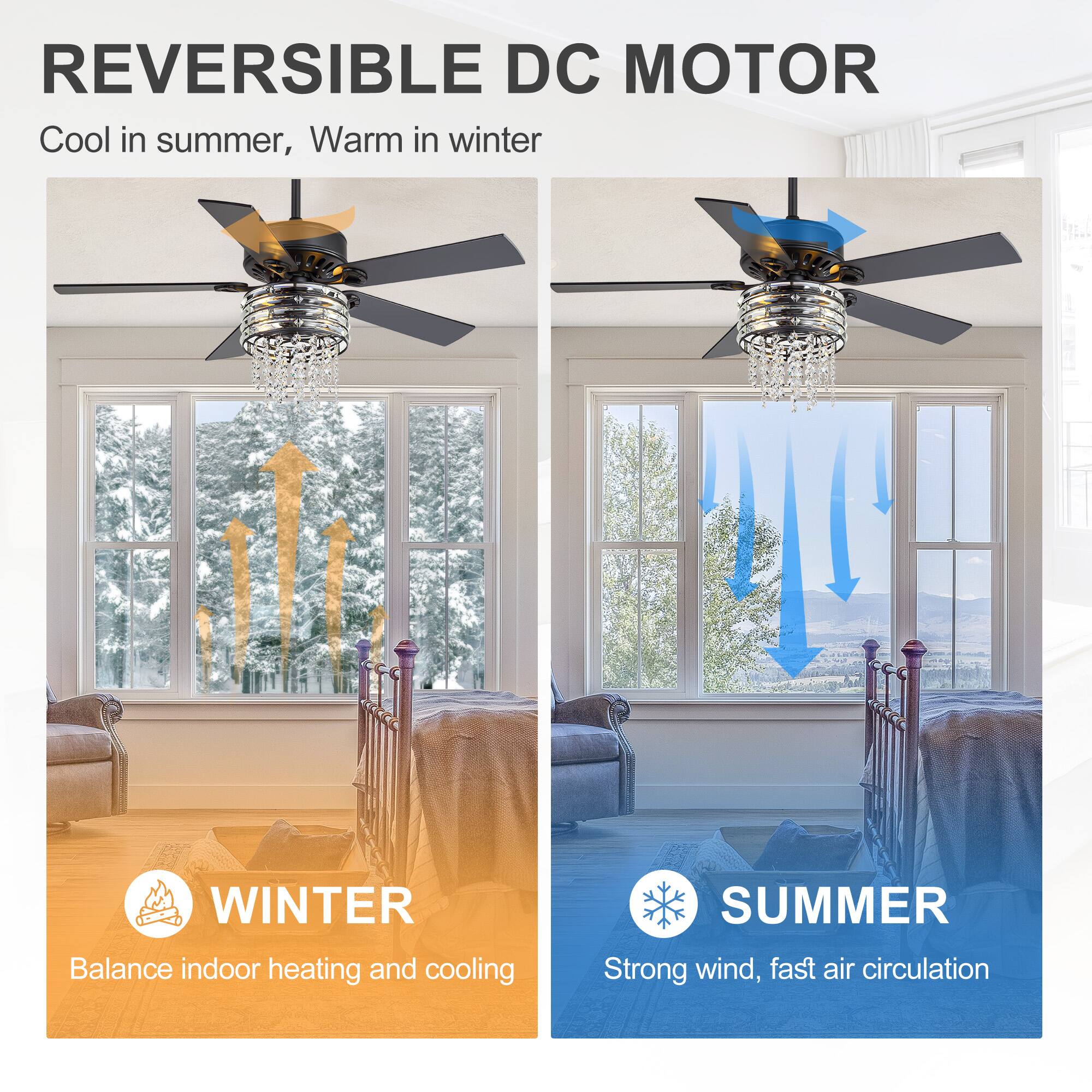 REVERSIBLE DC MOTOR  
Cool in summer, Warm in winter  

WINTER  
Balance indoor heating and cooling  

SUMMER  
Strong wind, fast air circulation