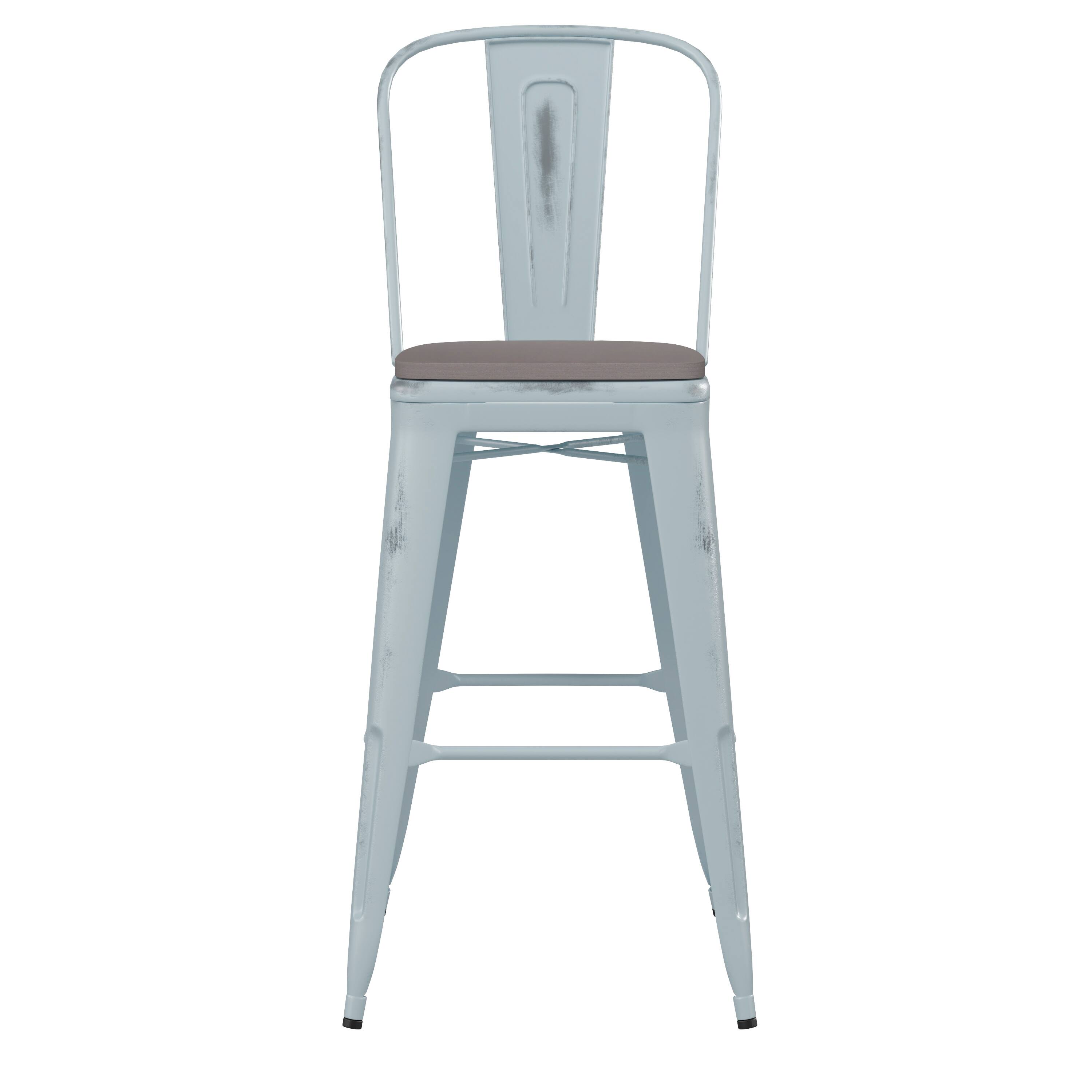 Alt View 10. Emma + Oliver - Nova Distressed Metal Stools with Backs and Polystyrene Seats for Indoor/Outdoor Use - Gray Seat/Green-Blue Frame.