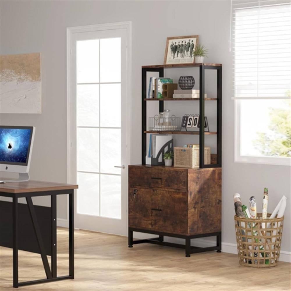 Left. Hivvago - Home Office Lockable 2 Drawer Filing Cabinet Bookshelf in Brown Wood Finish - Brown.