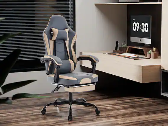 Front. PexFix - Ergonomic Gaming & Office Chair with Lumbar Support, 3D Armrest, Footrest & Headrest for Long Hours - Beige.