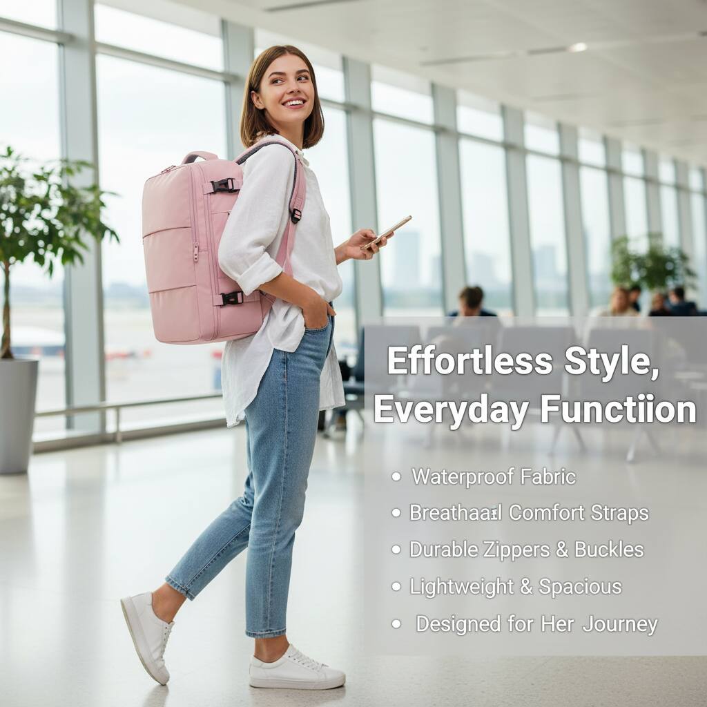 Effortless Style, Everyday Function

- Waterproof Fabric
- Breathable Comfort Straps
- Durable Zippers & Buckles
- Lightweight & Spacious
- Designed for Her Journey