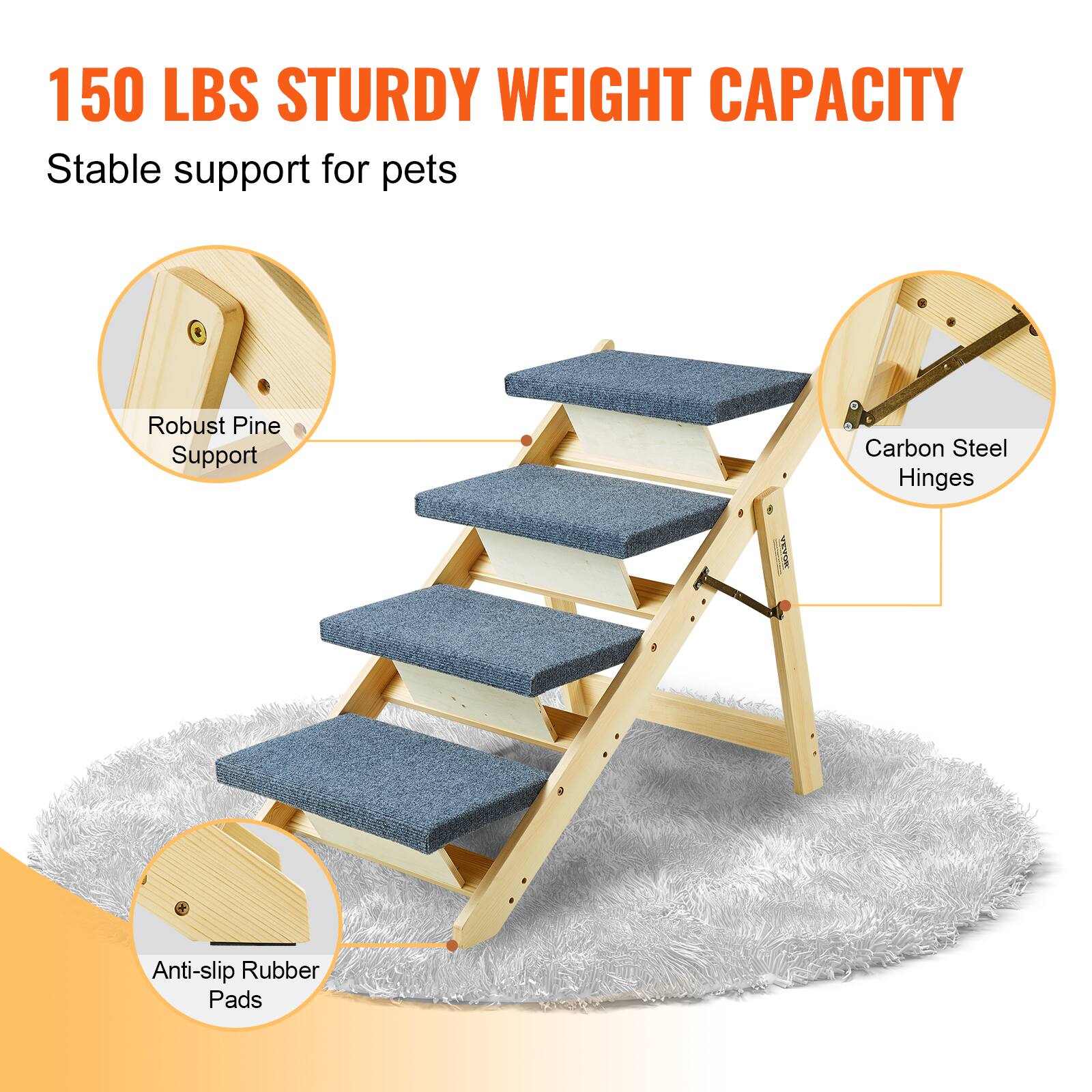 150 LBS STURDY WEIGHT CAPACITY  
Stable support for pets  

- Robust Pine Support  
- Carbon Steel Hinges  
- Anti-slip Rubber Pads