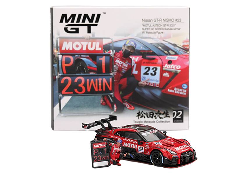 MINI GT  
MOTUL  
P1  
23WIN  

Nissan GT-R NISMO #23  
JTECH GT-R 2021  
SUPER GT SERIES Suzuka winner  
Figure  

Tatsuo Matsuda  
松田次生  
02  
Collection  

MOTUL  
AUTECH  
Jatco  
ADIC  
Asset in Auto Service  

NSTTR  
AUTECH  
MOTUL  
AOTA  
MOTUL  
23  
P1  
1  
4  
23WIN  
NIM  
NUA  
23  
MOTUL