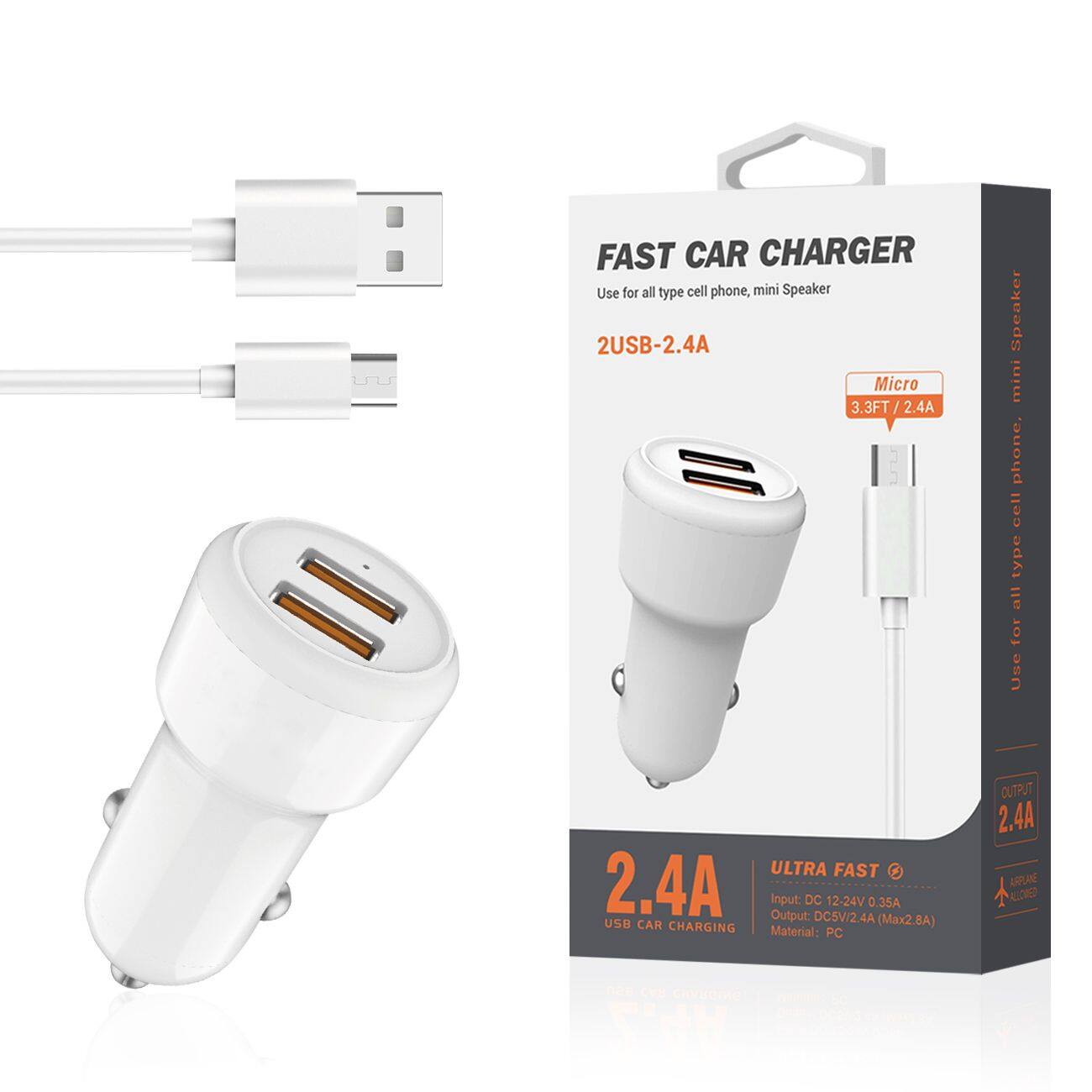 FAST CAR CHARGER  
Use for all type cell phone, mini Speaker  
2USB-2.4A Micro 3.3FT/2.4A  

ULTRA FAST 2.4A  
Output: DC 5V/2A  
Input: DC 12-24V 4A 0.35A (Max2.8A)  
USB CAR CHARGING  
Material: PC  

OUTPUT 2.4A