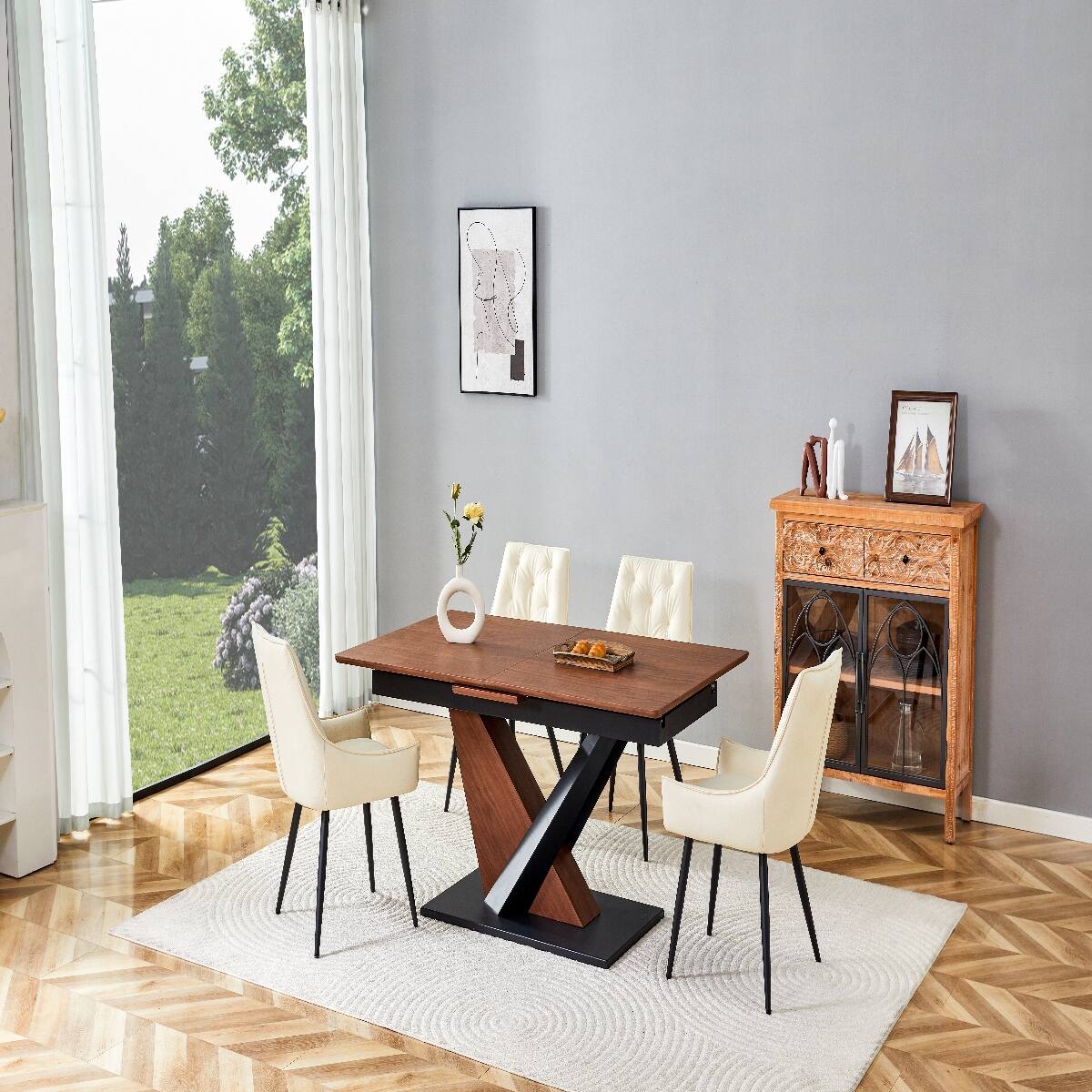 Alt View 7. Loheer - Loheer Extendable Dining Table Dark Walnut Rectangular Dining Table with Metal Cross Base - Dark Walnut.