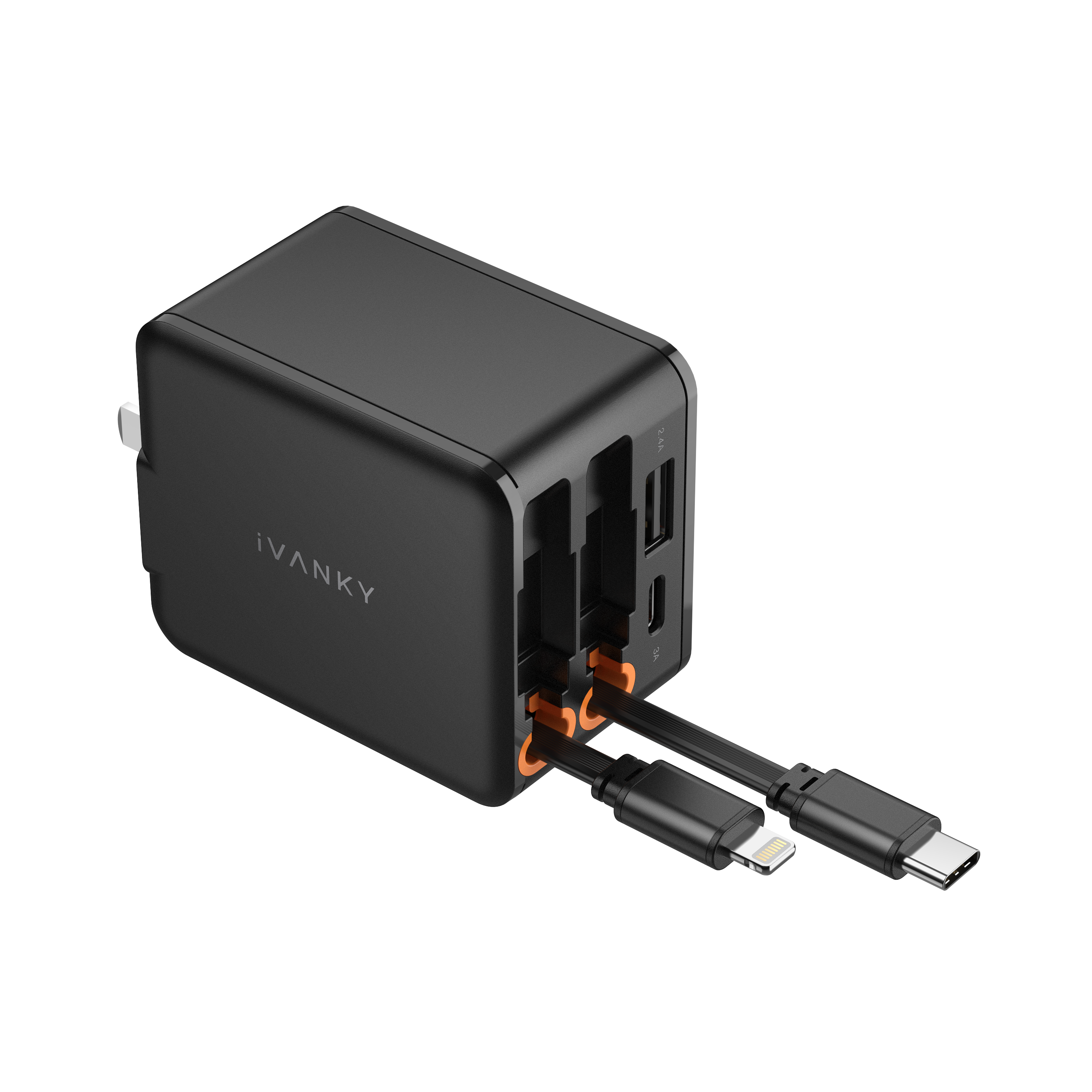 Front. iVANKY - 4-in-1 45W Fast Charging Retractable Wall Charger with Type-C and Lightning Cables - black.