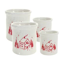 BreeBe - Ceramic Crock with Snowy House Scene (Set of 4) - White, Red