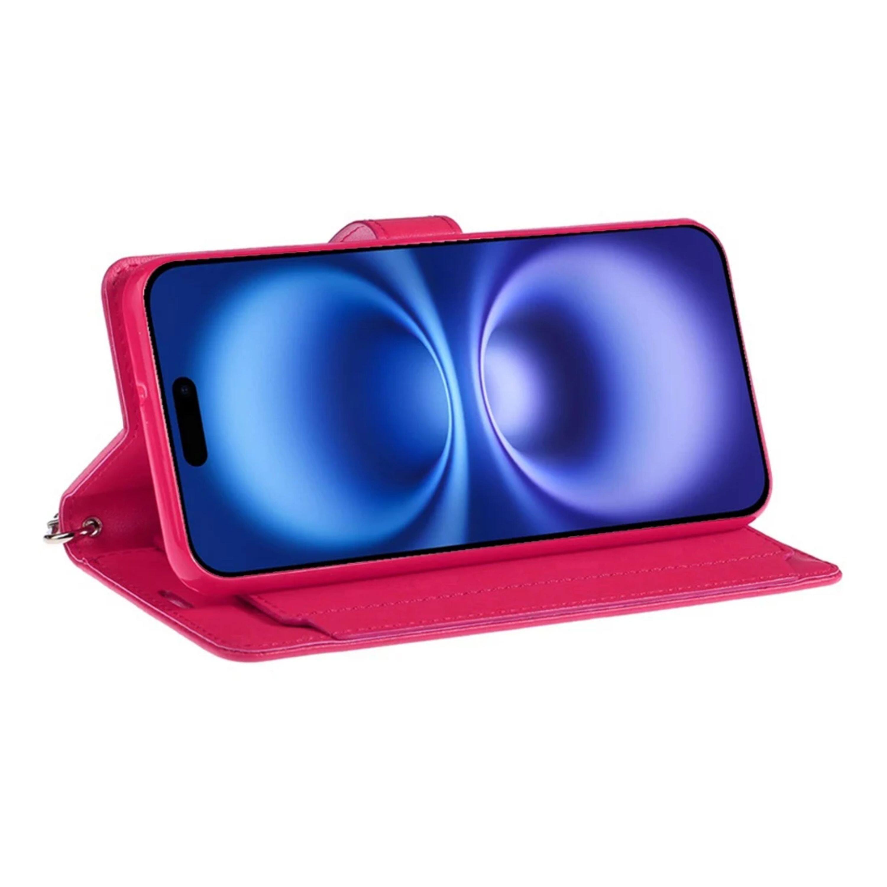 Back. Kitcheniva - PU Leather Phone Wallet Case With Wrist Strap Tempered Glass For iPhone 17 Air Hot Pink - Hot Pink.