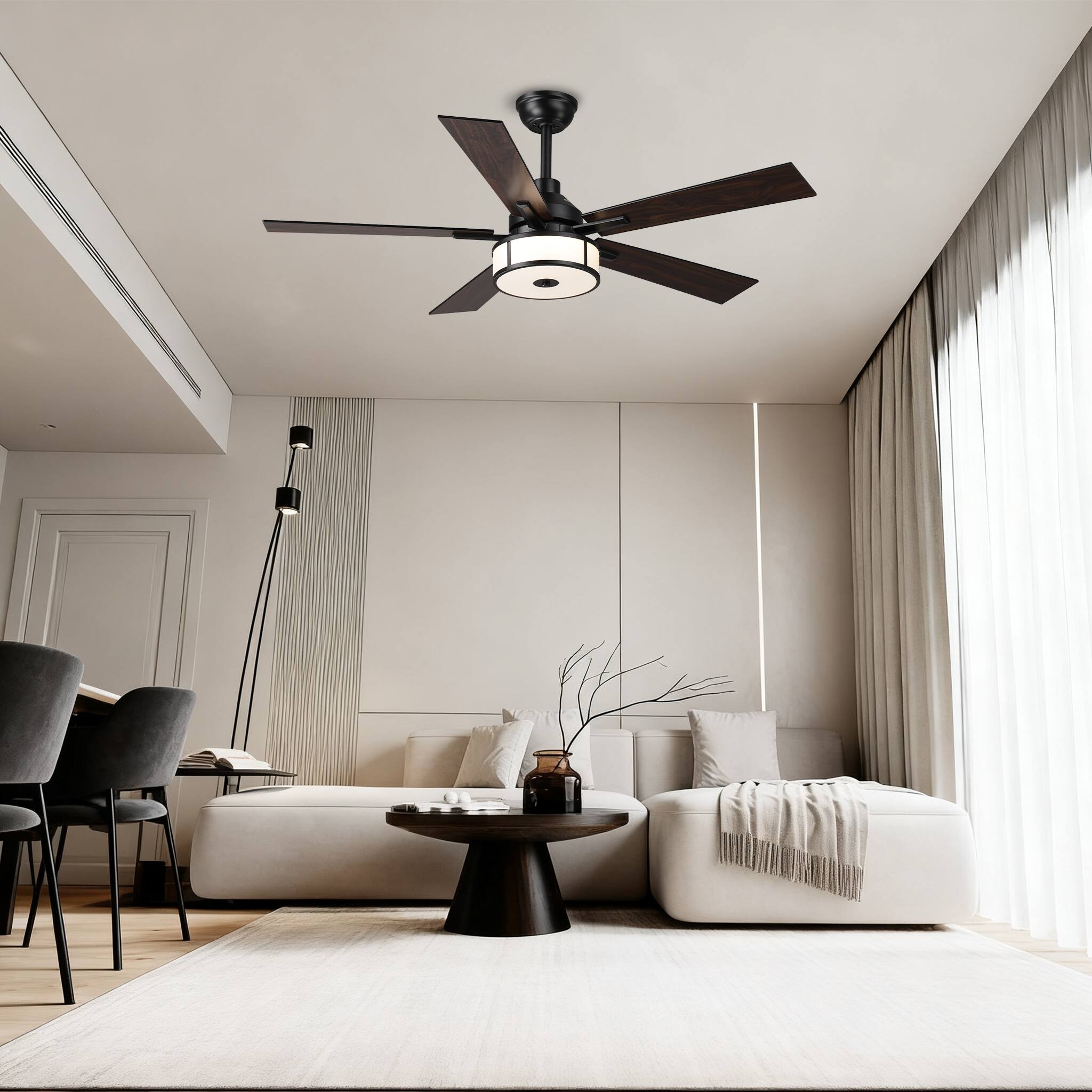 Left. Parrot Uncle - 52" Black Modern LED Ceiling Fan with Light and Remote - Black.