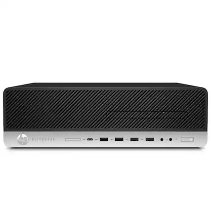 Front. HP - HP EliteDesk 800 G4 SFF Desktop PC, Intel Core i5-8500 up to 4.1GHz, 16GB DDR4 RAM, 128GB SSD, Windows 11 Pro - Black.