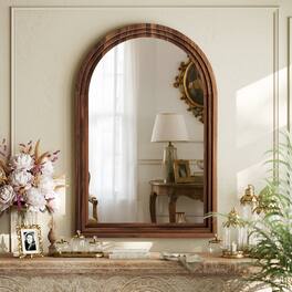 Easly - Antique Brown 24 in. W x 36 in. H Arched Wood Frame Vanity Wall Mirror - Walnut